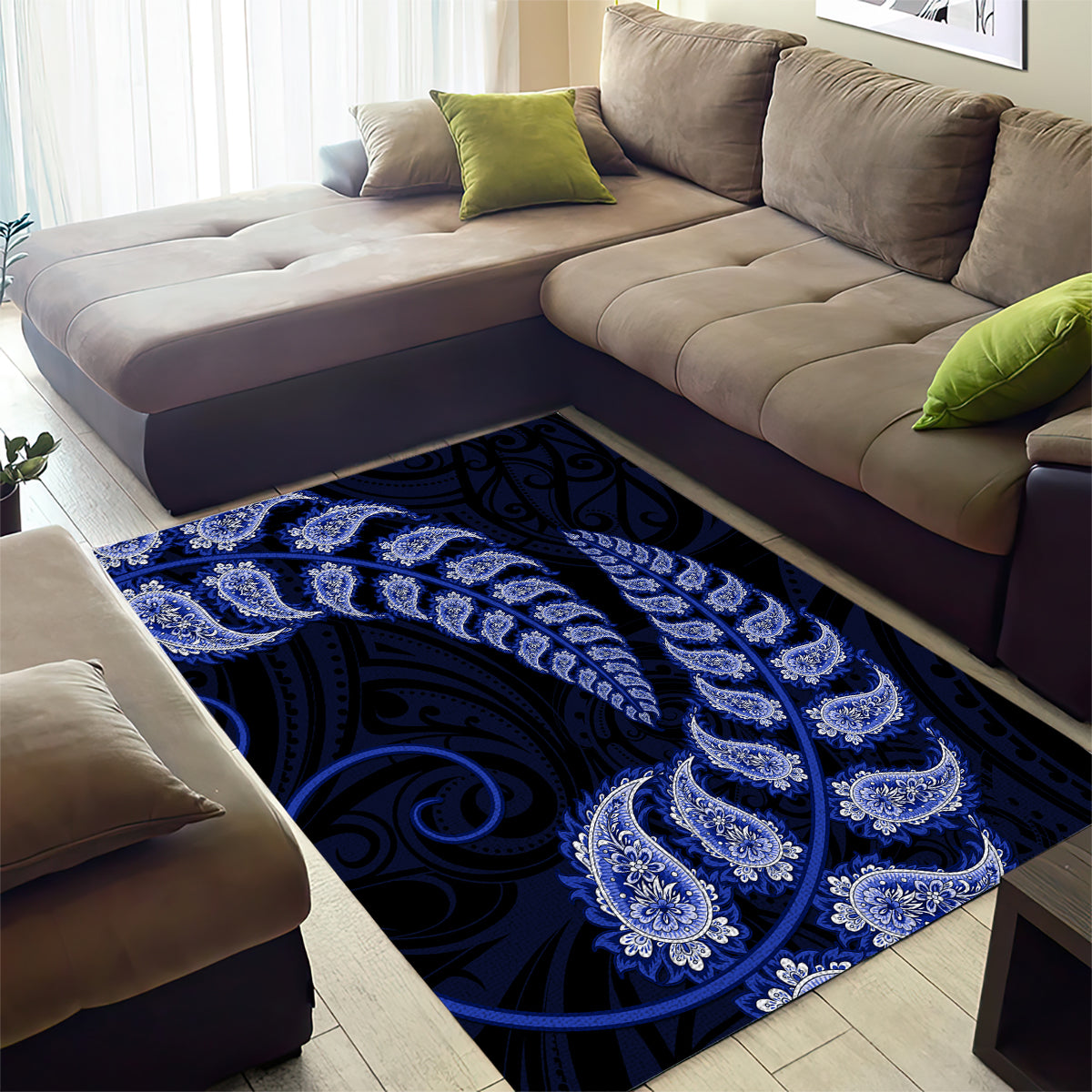 Blue New Zealand Paisley Silver Fern Area Rug Aotearoa Maori - Vibe Hoodie Shop