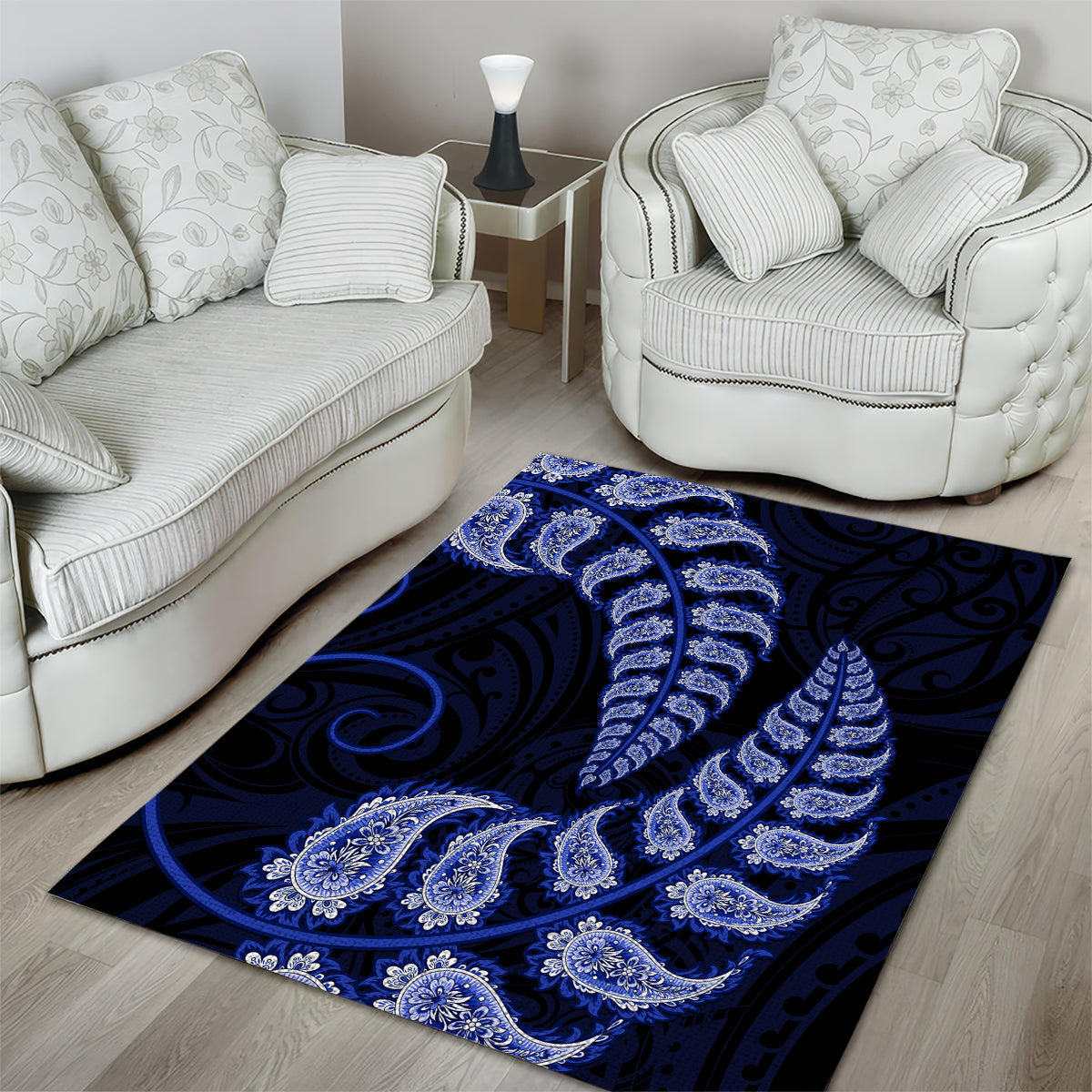 Blue New Zealand Paisley Silver Fern Area Rug Aotearoa Maori - Vibe Hoodie Shop