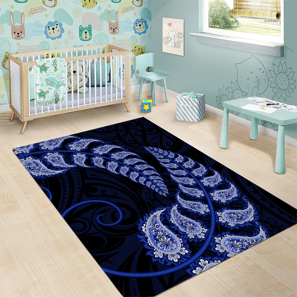 Blue New Zealand Paisley Silver Fern Area Rug Aotearoa Maori - Vibe Hoodie Shop