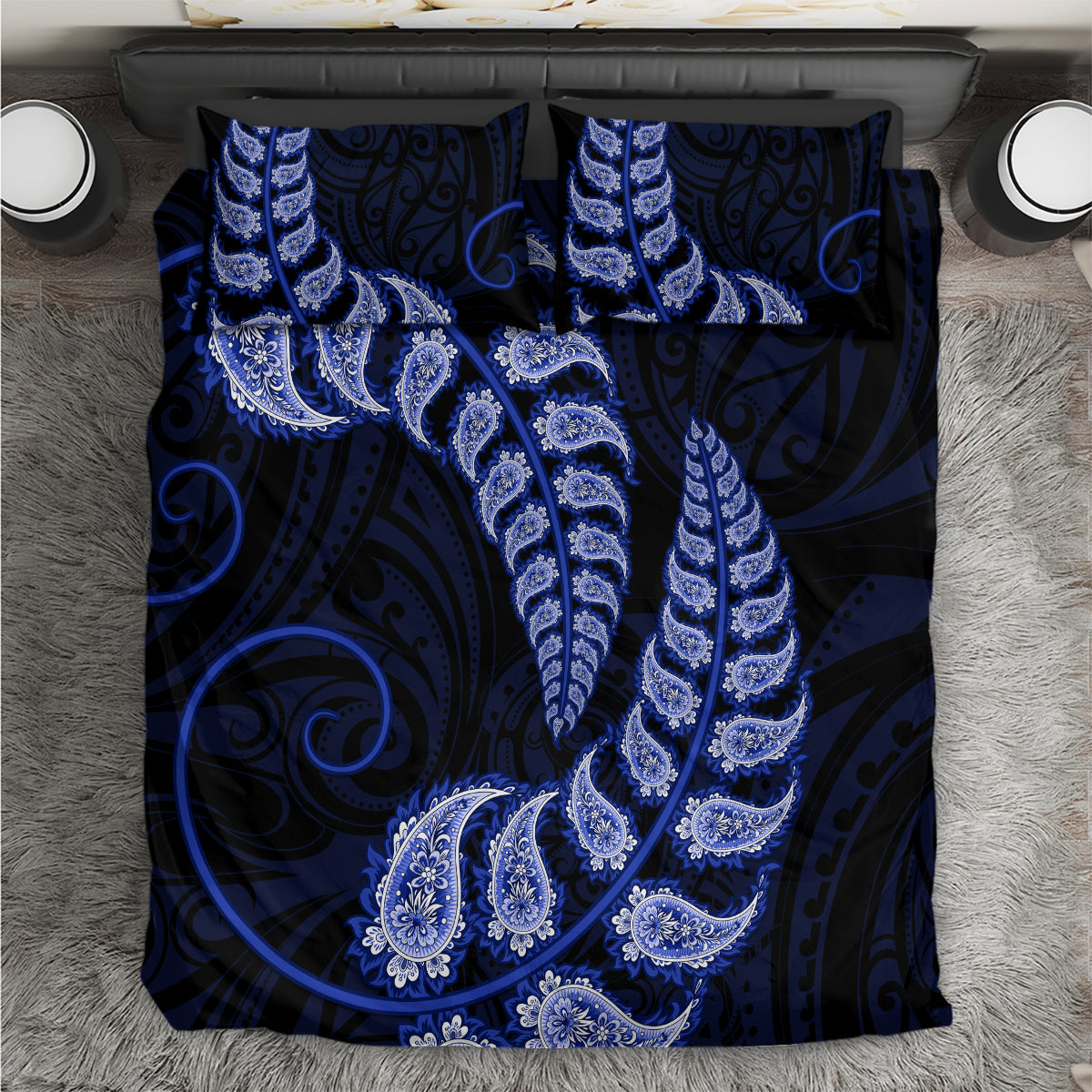 Blue New Zealand Paisley Silver Fern Bedding Set Aotearoa Maori - Vibe Hoodie Shop