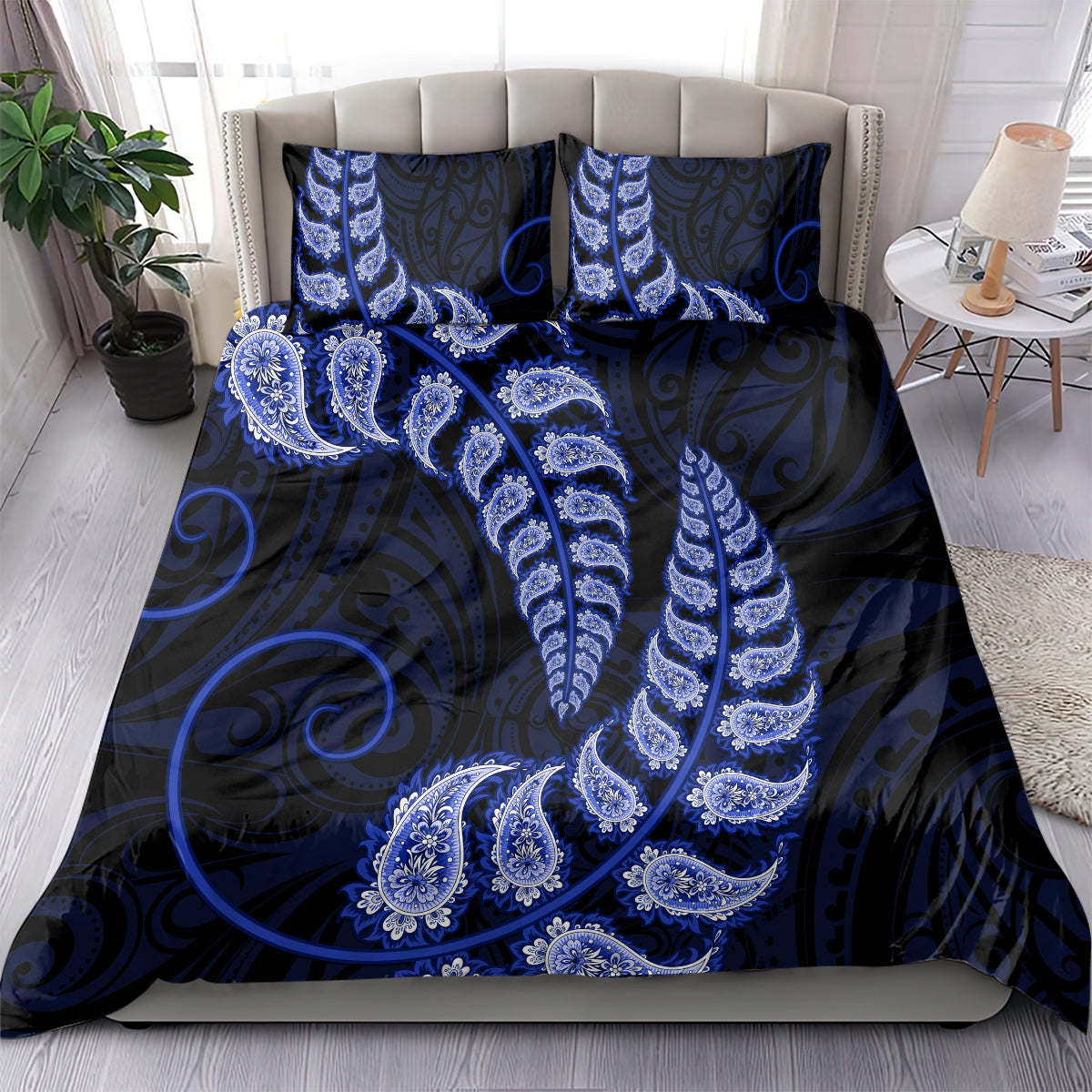 Blue New Zealand Paisley Silver Fern Bedding Set Aotearoa Maori - Vibe Hoodie Shop