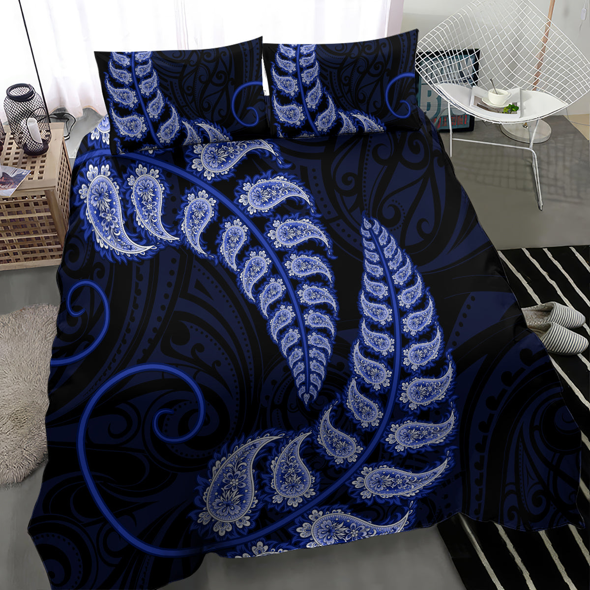 Blue New Zealand Paisley Silver Fern Bedding Set Aotearoa Maori - Vibe Hoodie Shop