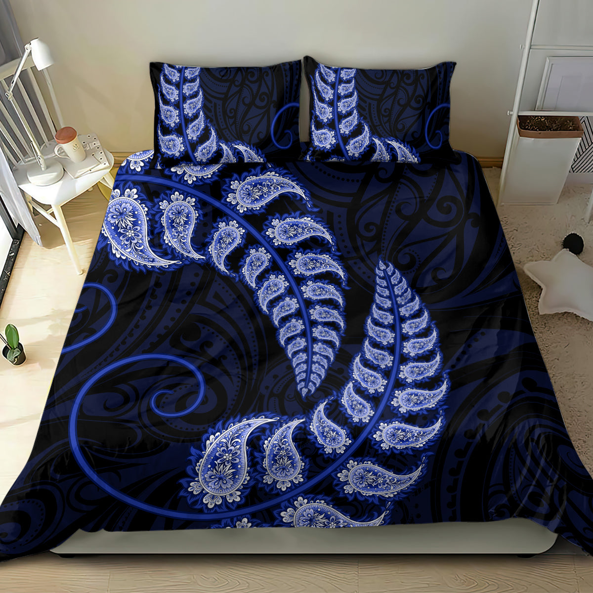 Blue New Zealand Paisley Silver Fern Bedding Set Aotearoa Maori - Vibe Hoodie Shop