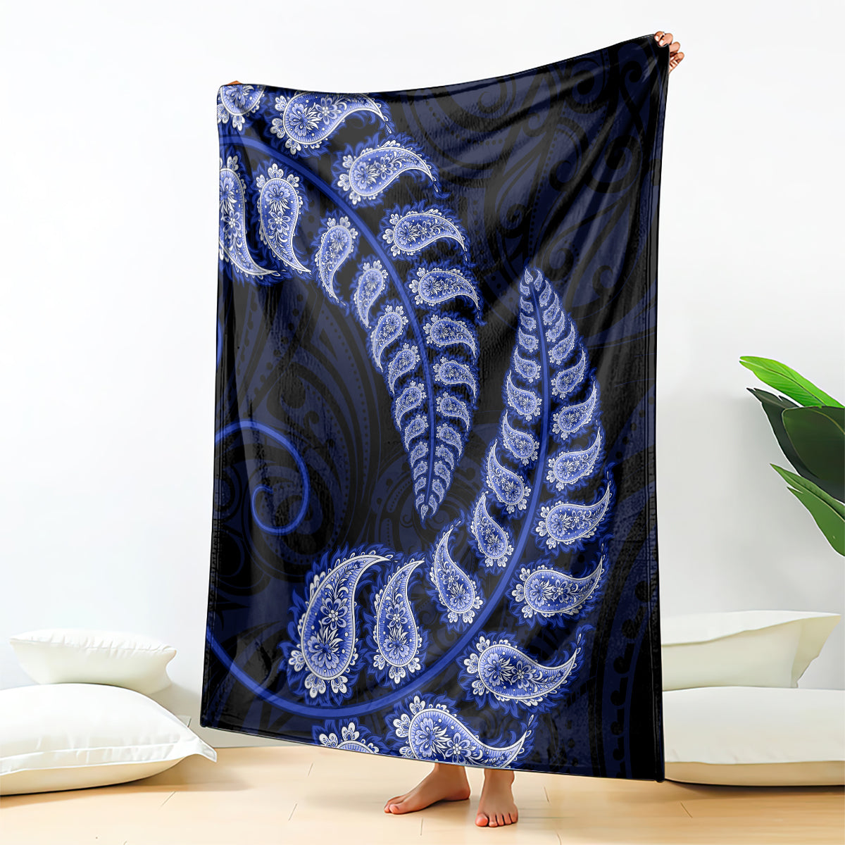 Blue New Zealand Paisley Silver Fern Blanket Aotearoa Maori - Vibe Hoodie Shop