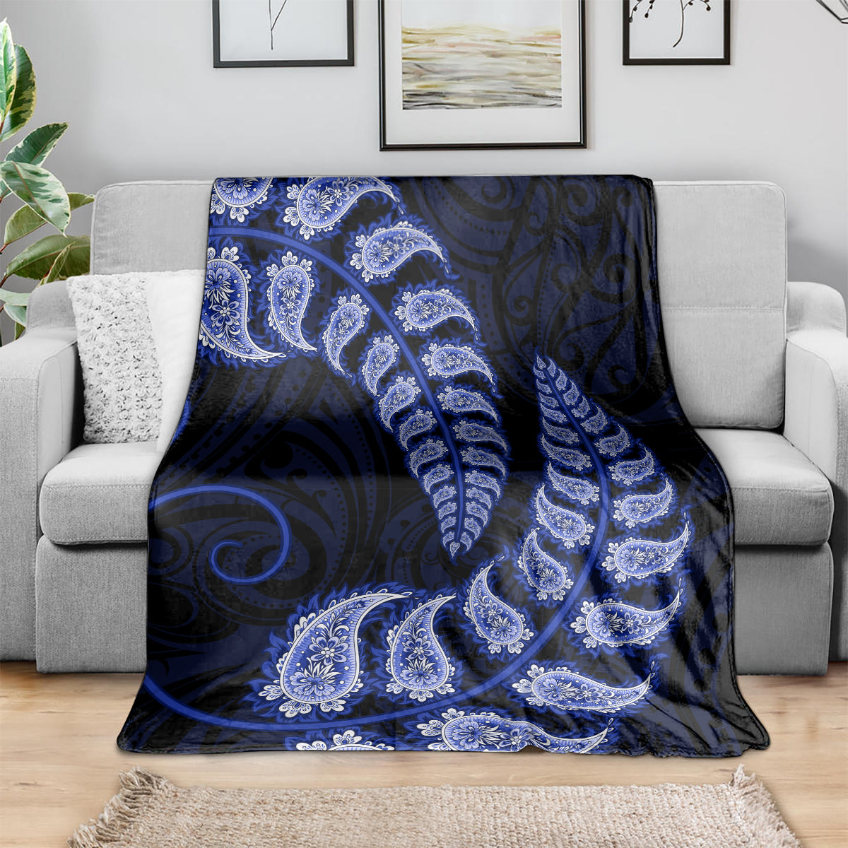 Blue New Zealand Paisley Silver Fern Blanket Aotearoa Maori - Vibe Hoodie Shop