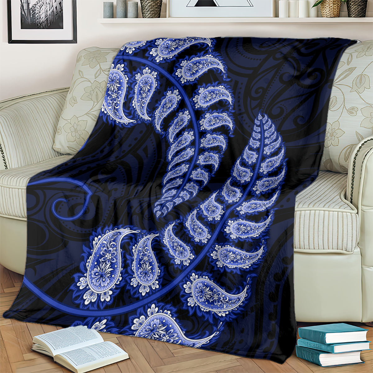 Blue New Zealand Paisley Silver Fern Blanket Aotearoa Maori - Vibe Hoodie Shop