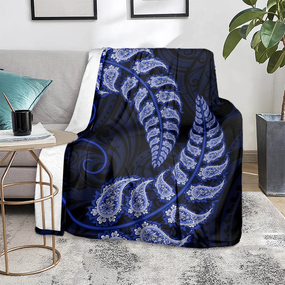 Blue New Zealand Paisley Silver Fern Blanket Aotearoa Maori - Vibe Hoodie Shop