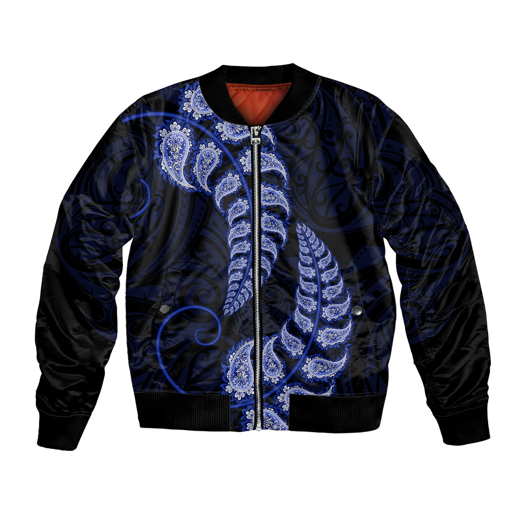 Blue New Zealand Paisley Silver Fern Bomber Jacket Aotearoa Maori - Vibe Hoodie Shop