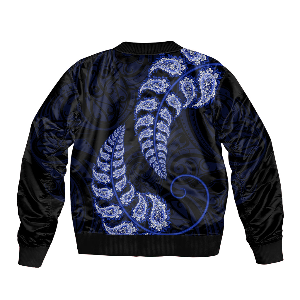 Blue New Zealand Paisley Silver Fern Bomber Jacket Aotearoa Maori - Vibe Hoodie Shop