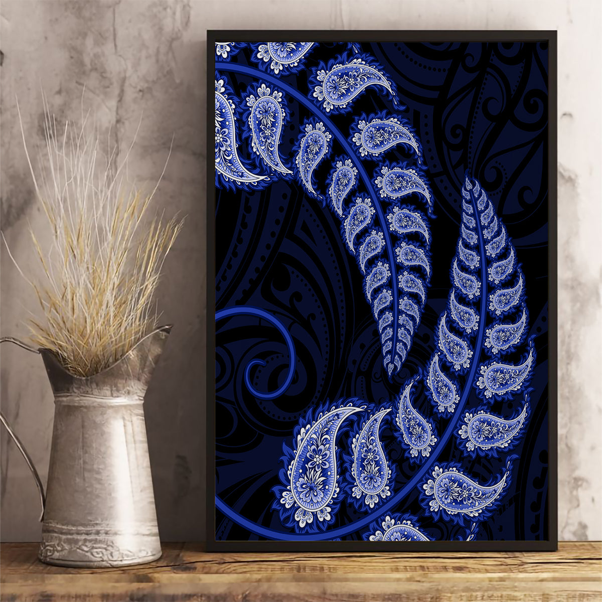 blue-new-zealand-paisley-silver-fern-canvas-wall-art-aotearoa-maori