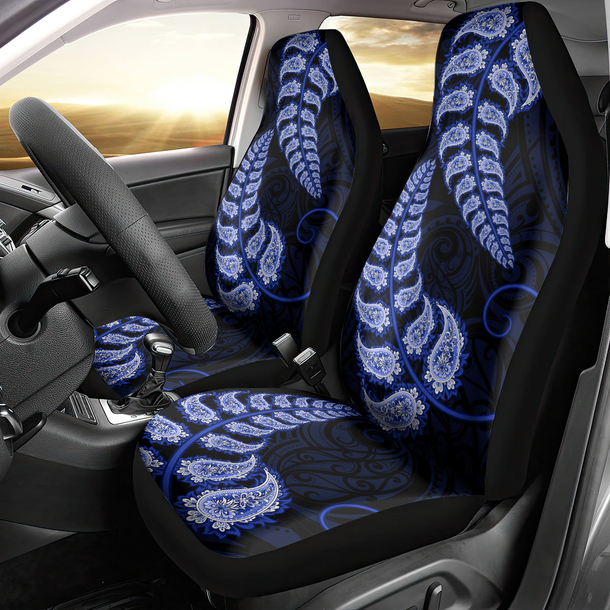 Blue New Zealand Paisley Silver Fern Car Seat Cover Aotearoa Maori - Vibe Hoodie Shop