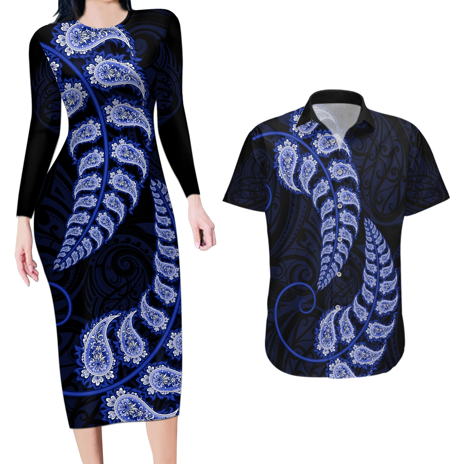 blue-new-zealand-paisley-silver-fern-couples-matching-long-sleeve-bodycon-dress-and-hawaiian-shirt-aotearoa-maori