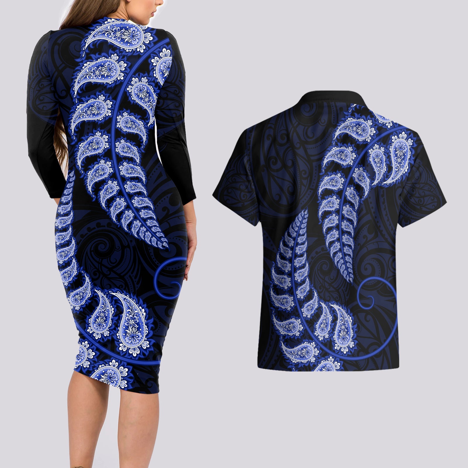 blue-new-zealand-paisley-silver-fern-couples-matching-long-sleeve-bodycon-dress-and-hawaiian-shirt-aotearoa-maori