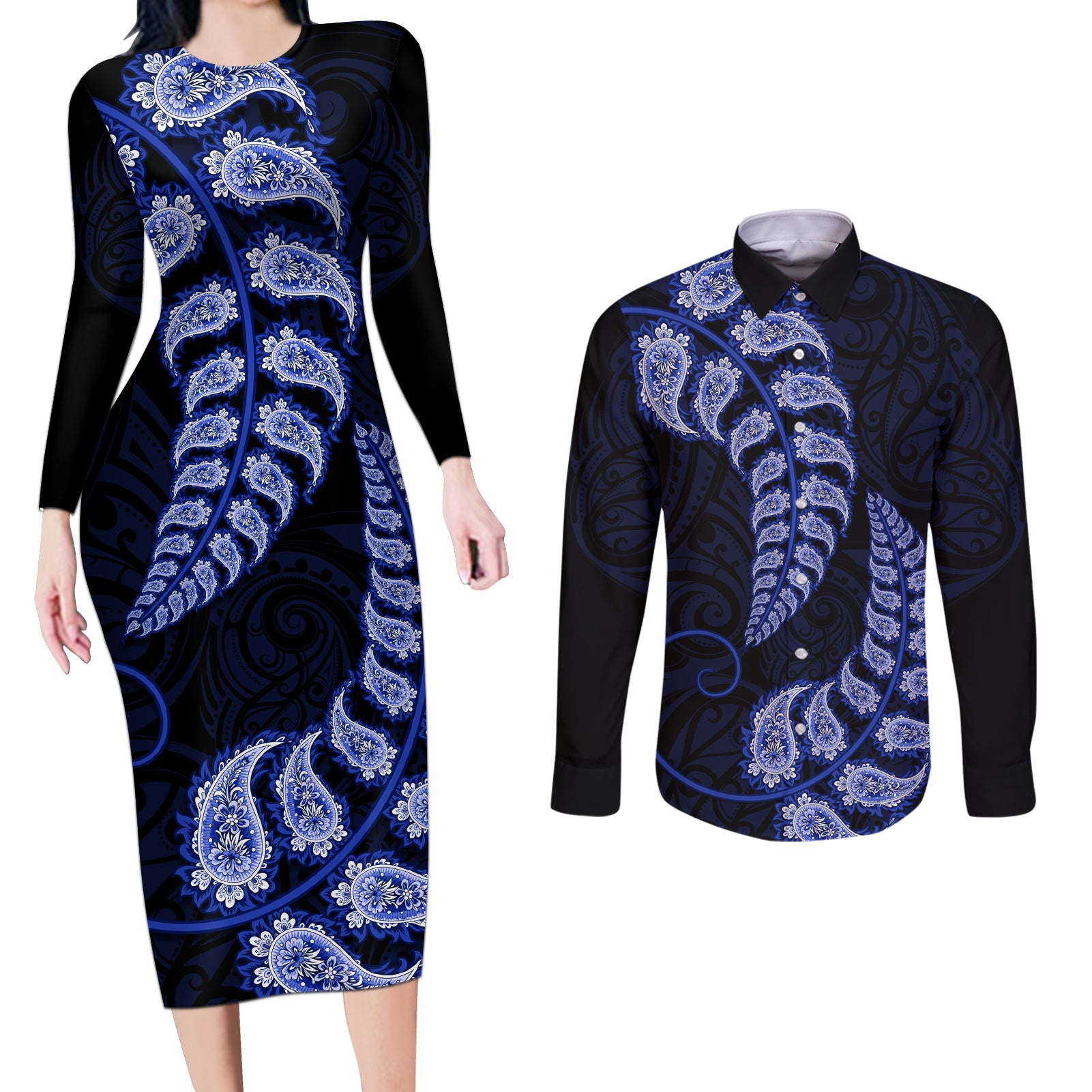 blue-new-zealand-paisley-silver-fern-couples-matching-long-sleeve-bodycon-dress-and-long-sleeve-button-shirt-aotearoa-maori