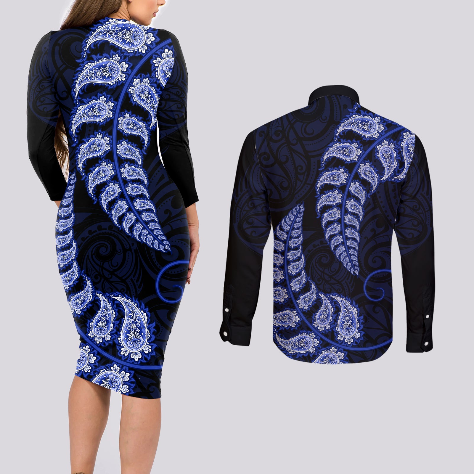 blue-new-zealand-paisley-silver-fern-couples-matching-long-sleeve-bodycon-dress-and-long-sleeve-button-shirt-aotearoa-maori