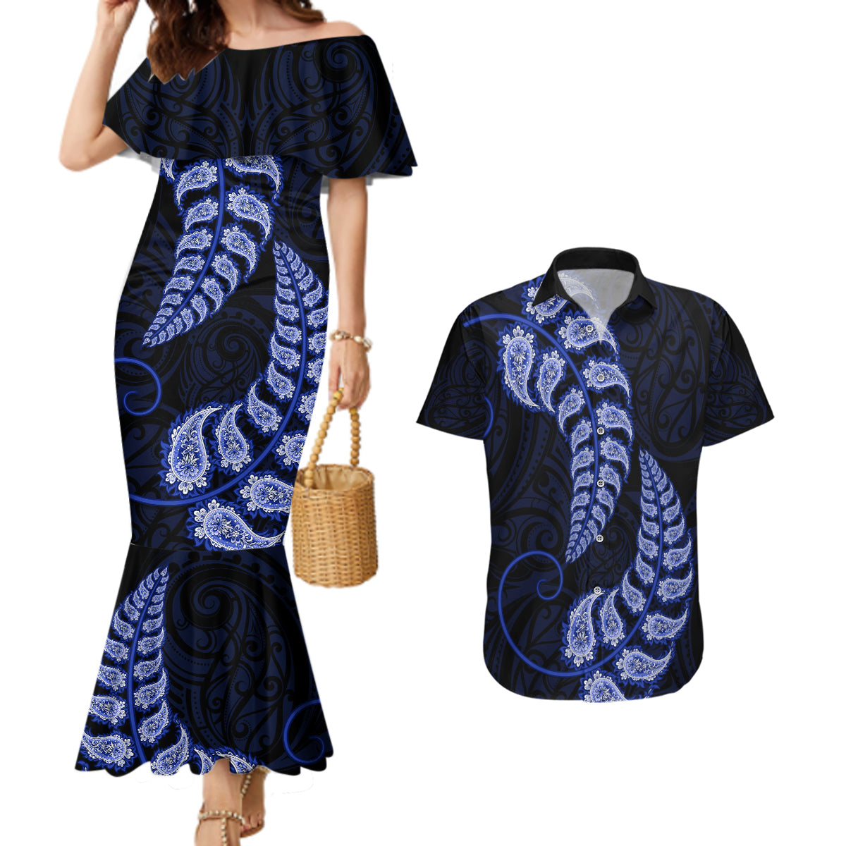 blue-new-zealand-paisley-silver-fern-couples-matching-mermaid-dress-and-hawaiian-shirt-aotearoa-maori