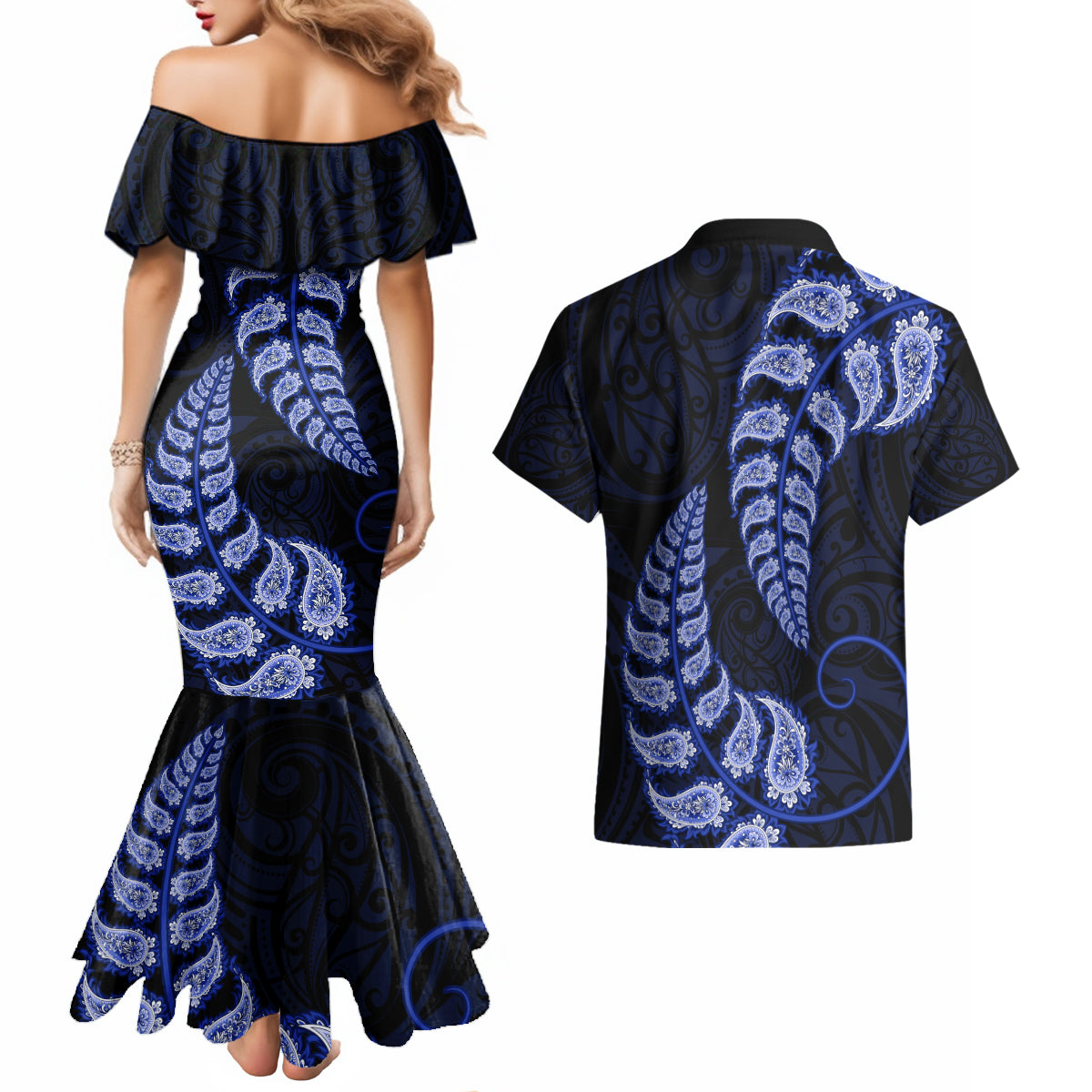 blue-new-zealand-paisley-silver-fern-couples-matching-mermaid-dress-and-hawaiian-shirt-aotearoa-maori