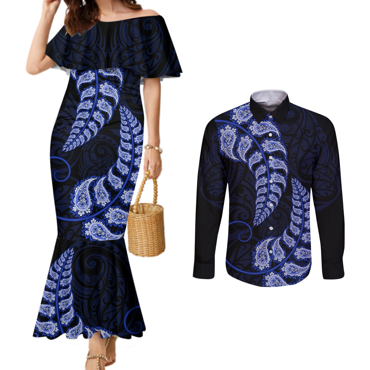 blue-new-zealand-paisley-silver-fern-couples-matching-mermaid-dress-and-long-sleeve-button-shirt-aotearoa-maori