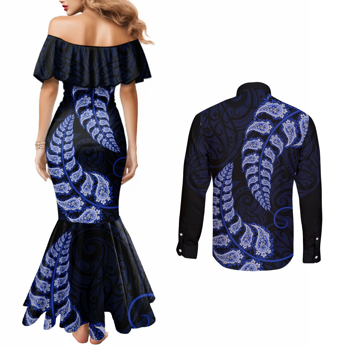 blue-new-zealand-paisley-silver-fern-couples-matching-mermaid-dress-and-long-sleeve-button-shirt-aotearoa-maori