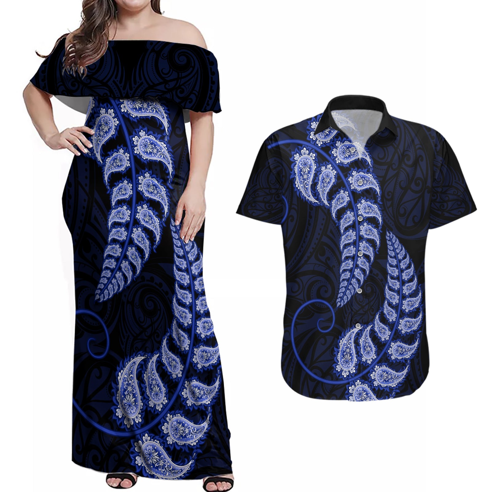 blue-new-zealand-paisley-silver-fern-couples-matching-off-shoulder-maxi-dress-and-hawaiian-shirt-aotearoa-maori