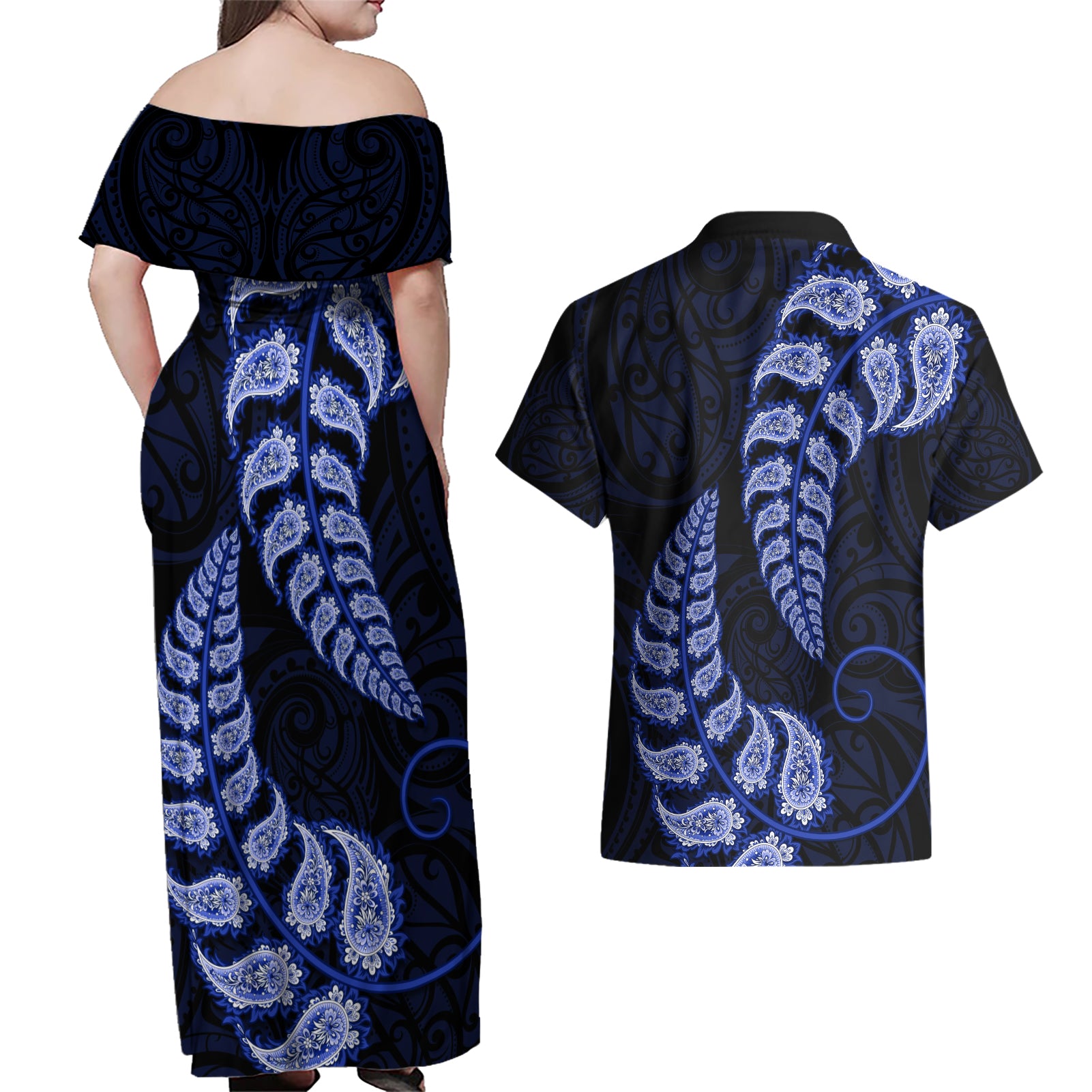 blue-new-zealand-paisley-silver-fern-couples-matching-off-shoulder-maxi-dress-and-hawaiian-shirt-aotearoa-maori