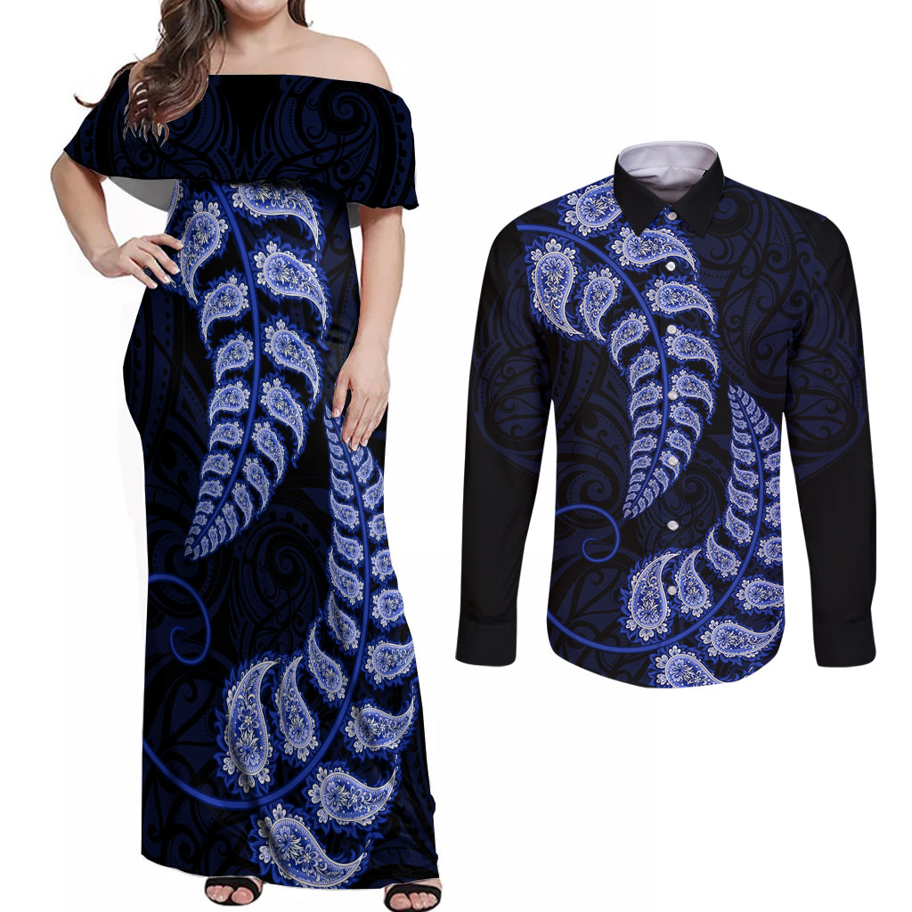 blue-new-zealand-paisley-silver-fern-couples-matching-off-shoulder-maxi-dress-and-long-sleeve-button-shirt-aotearoa-maori