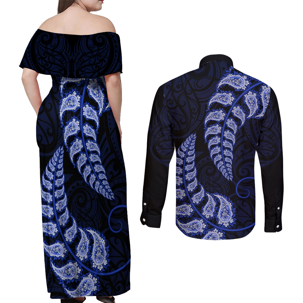 blue-new-zealand-paisley-silver-fern-couples-matching-off-shoulder-maxi-dress-and-long-sleeve-button-shirt-aotearoa-maori