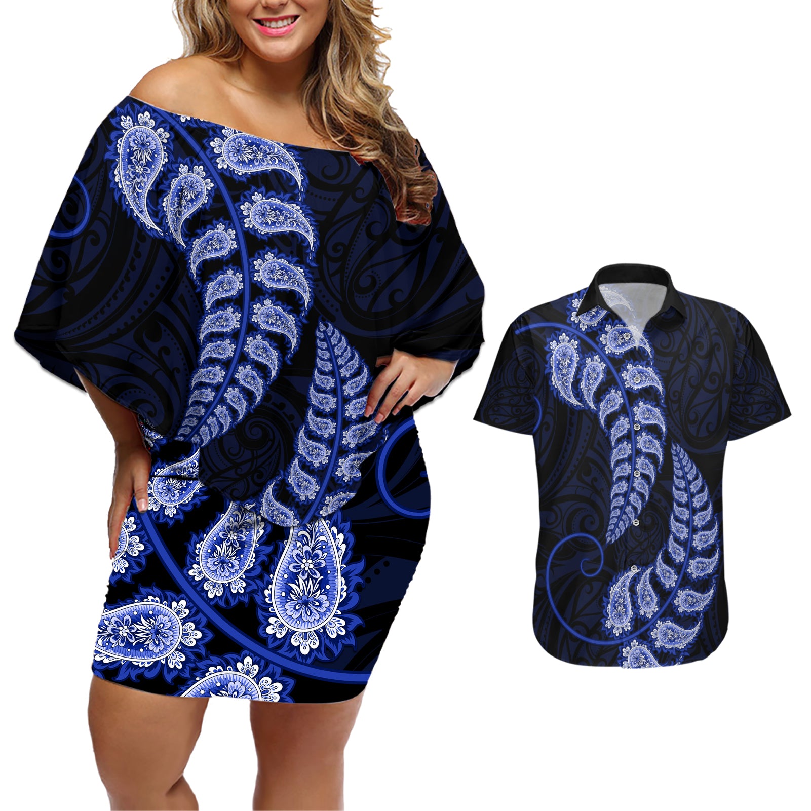 blue-new-zealand-paisley-silver-fern-couples-matching-off-shoulder-short-dress-and-hawaiian-shirt-aotearoa-maori