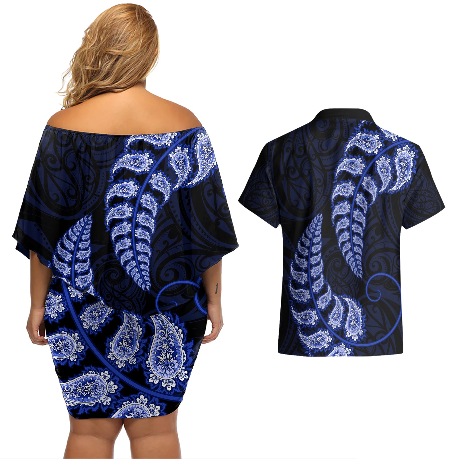 blue-new-zealand-paisley-silver-fern-couples-matching-off-shoulder-short-dress-and-hawaiian-shirt-aotearoa-maori