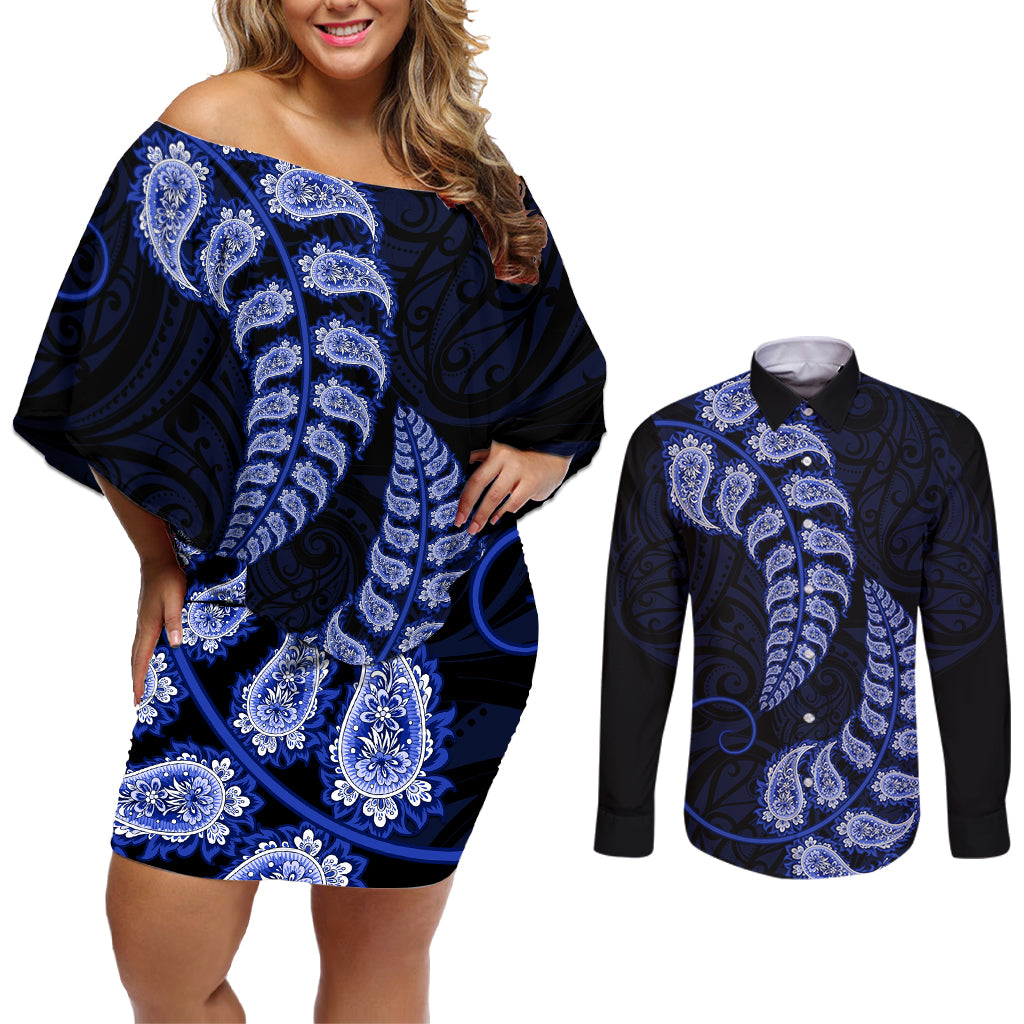 blue-new-zealand-paisley-silver-fern-couples-matching-off-shoulder-short-dress-and-long-sleeve-button-shirt-aotearoa-maori