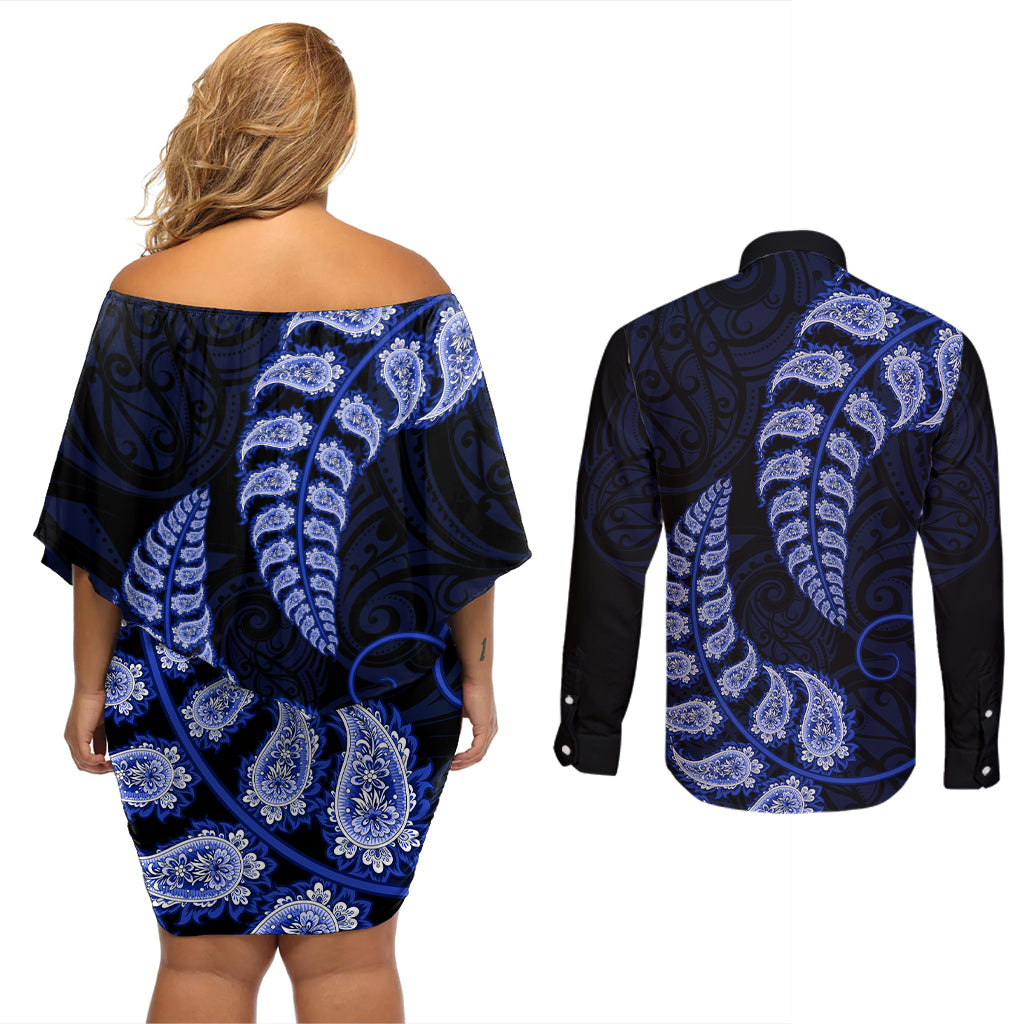 blue-new-zealand-paisley-silver-fern-couples-matching-off-shoulder-short-dress-and-long-sleeve-button-shirt-aotearoa-maori