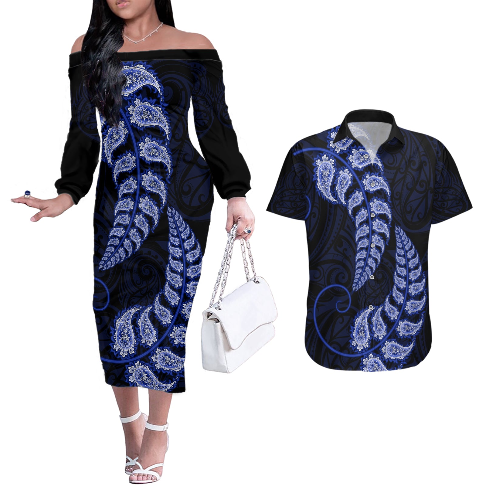 blue-new-zealand-paisley-silver-fern-couples-matching-off-the-shoulder-long-sleeve-dress-and-hawaiian-shirt-aotearoa-maori