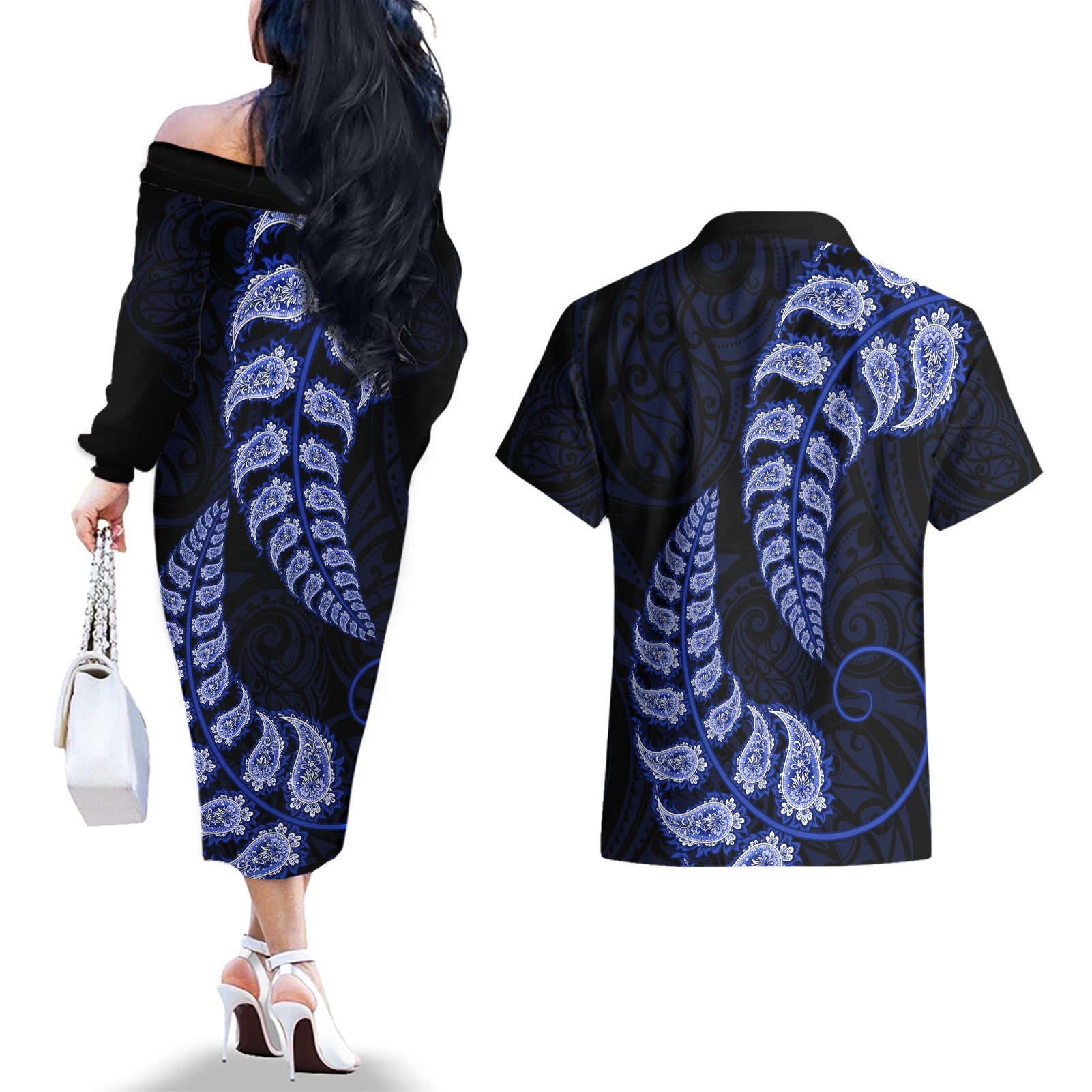 blue-new-zealand-paisley-silver-fern-couples-matching-off-the-shoulder-long-sleeve-dress-and-hawaiian-shirt-aotearoa-maori