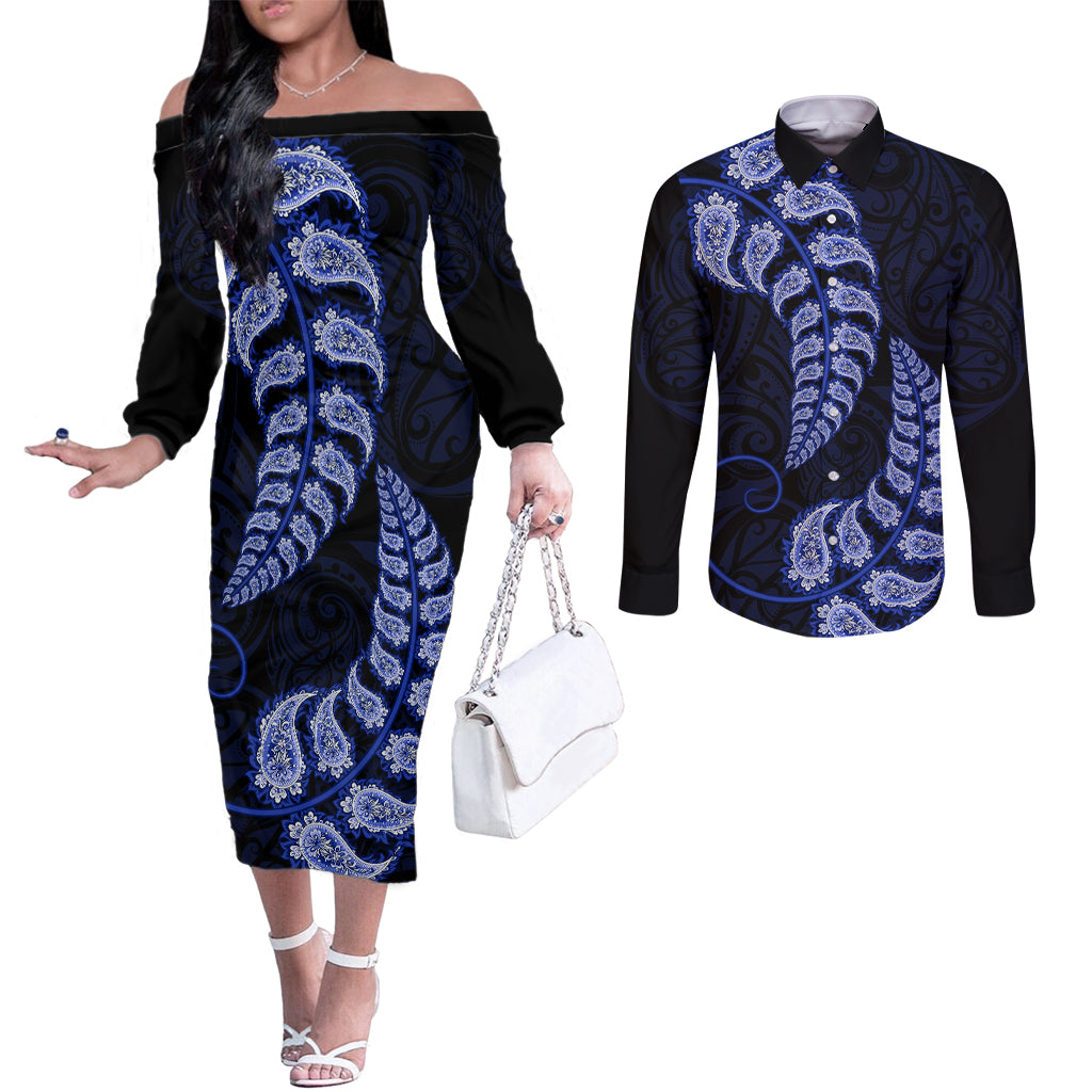 blue-new-zealand-paisley-silver-fern-couples-matching-off-the-shoulder-long-sleeve-dress-and-long-sleeve-button-shirt-aotearoa-maori