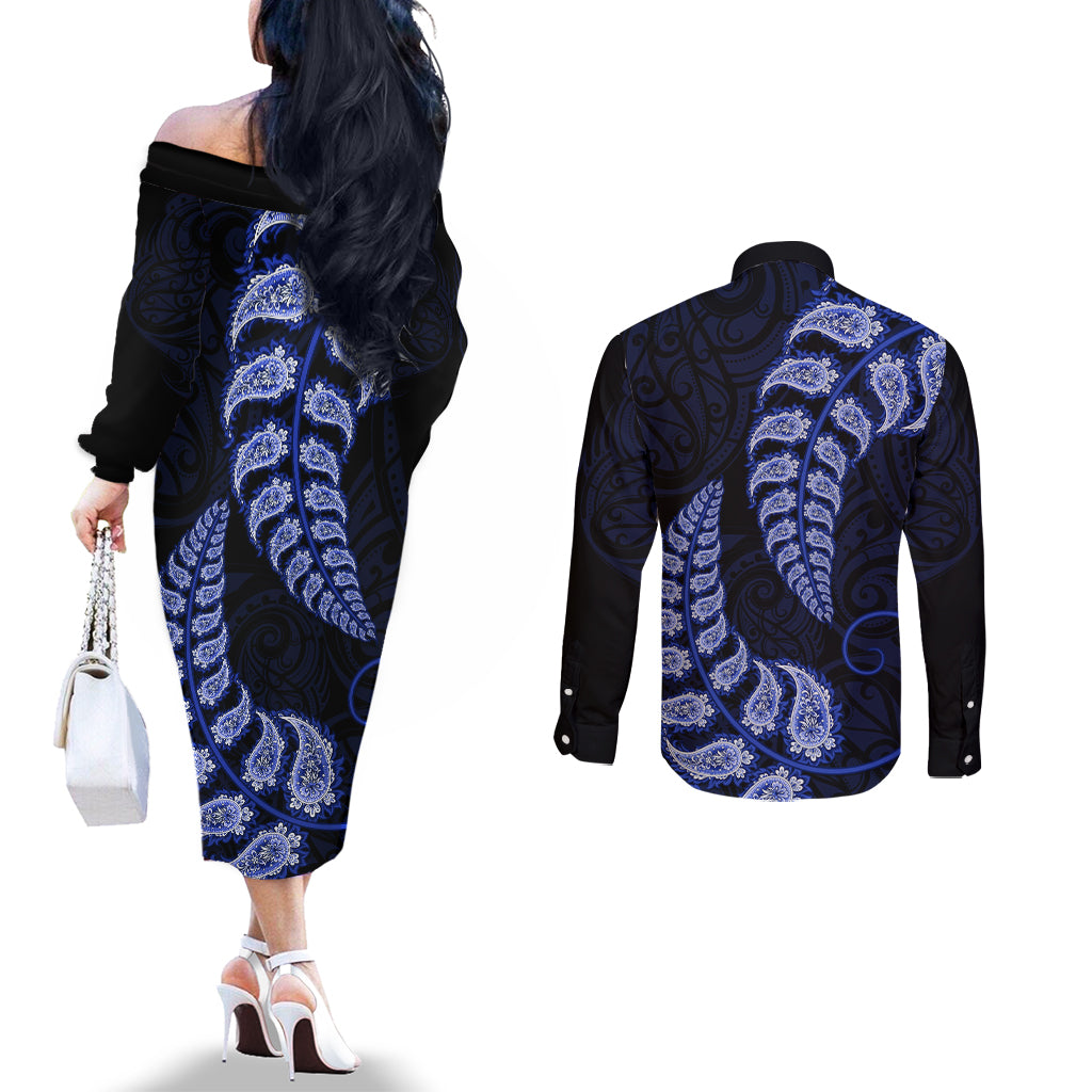 blue-new-zealand-paisley-silver-fern-couples-matching-off-the-shoulder-long-sleeve-dress-and-long-sleeve-button-shirt-aotearoa-maori