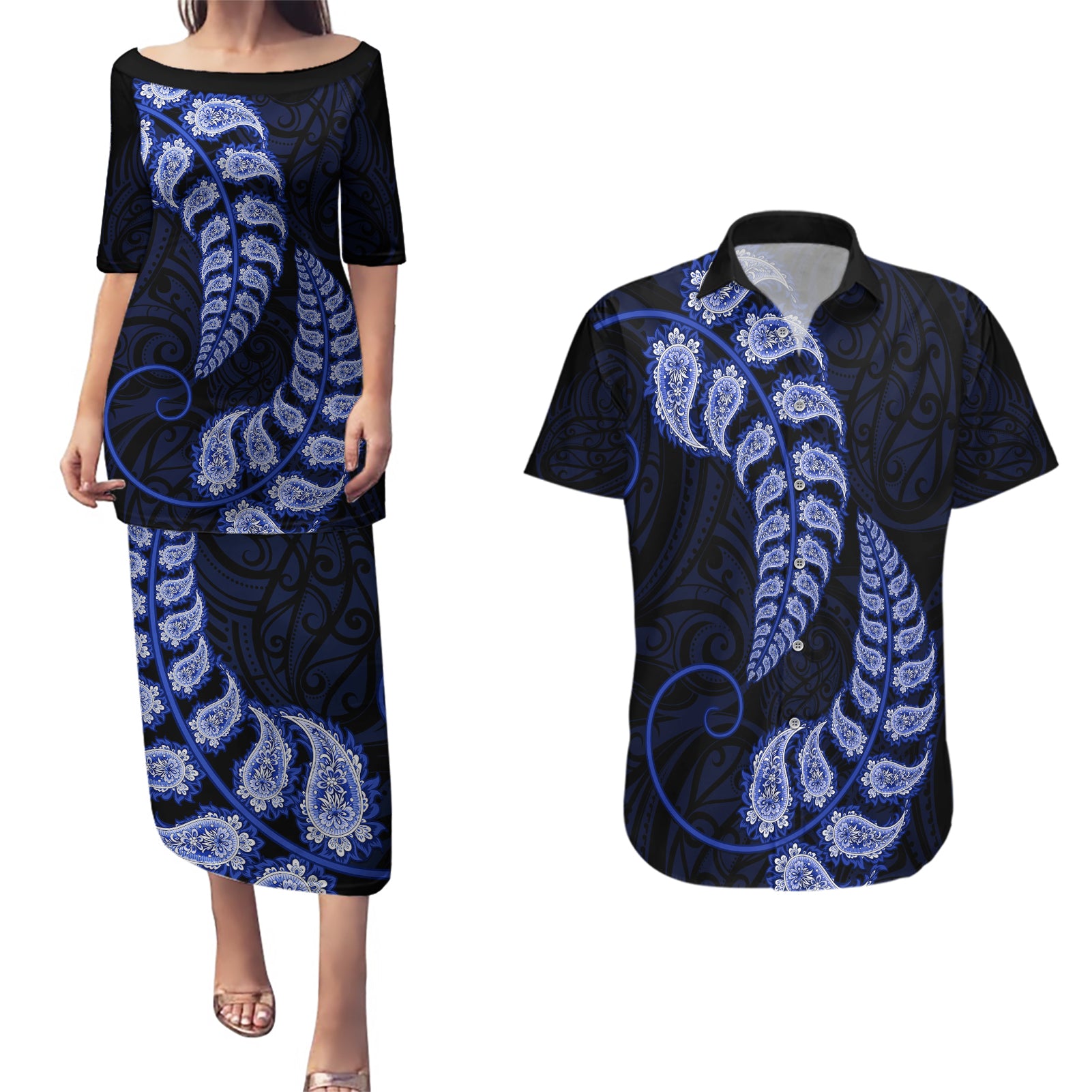 blue-new-zealand-paisley-silver-fern-couples-matching-puletasi-dress-and-hawaiian-shirt-aotearoa-maori