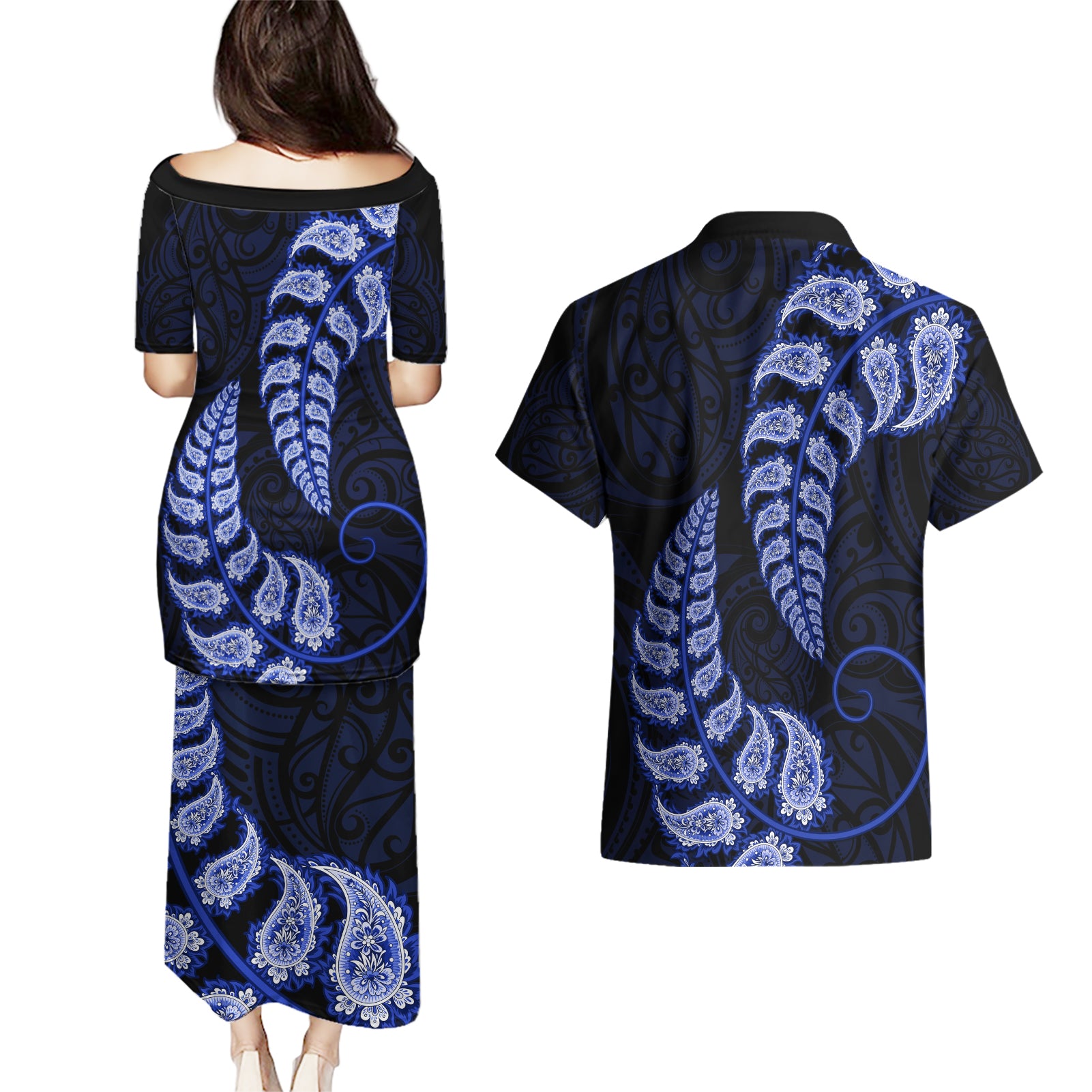 blue-new-zealand-paisley-silver-fern-couples-matching-puletasi-dress-and-hawaiian-shirt-aotearoa-maori