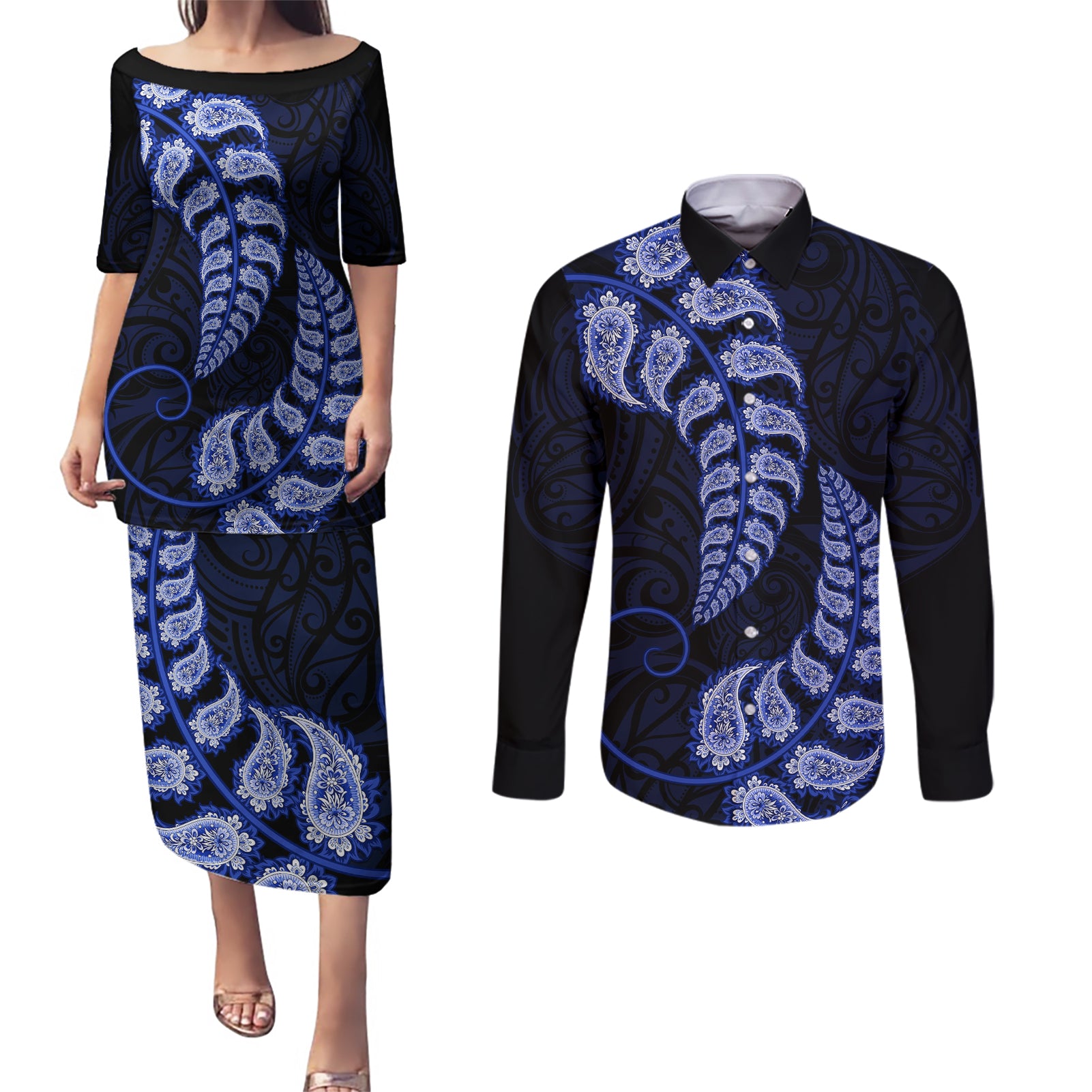 blue-new-zealand-paisley-silver-fern-couples-matching-puletasi-dress-and-long-sleeve-button-shirt-aotearoa-maori