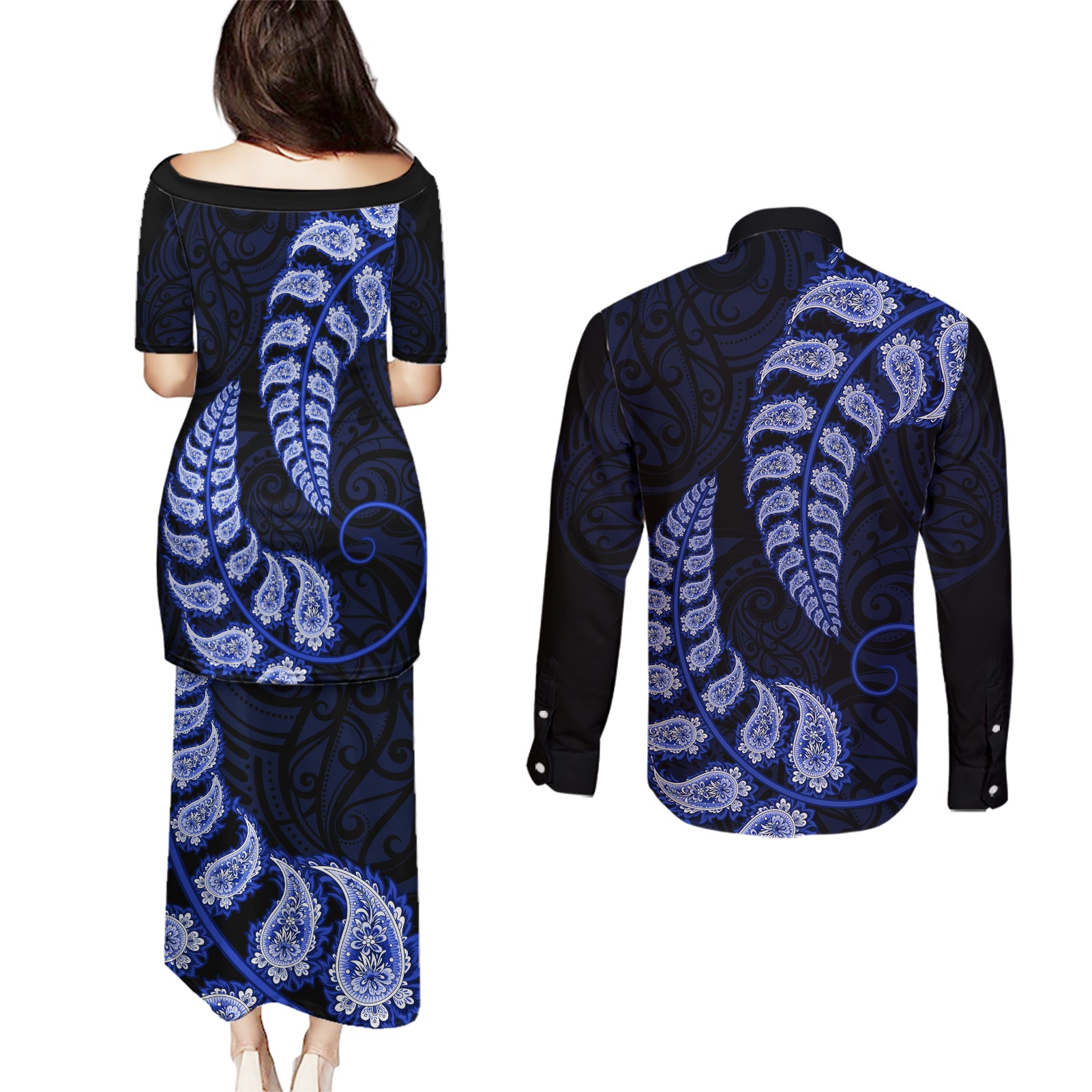 blue-new-zealand-paisley-silver-fern-couples-matching-puletasi-dress-and-long-sleeve-button-shirt-aotearoa-maori