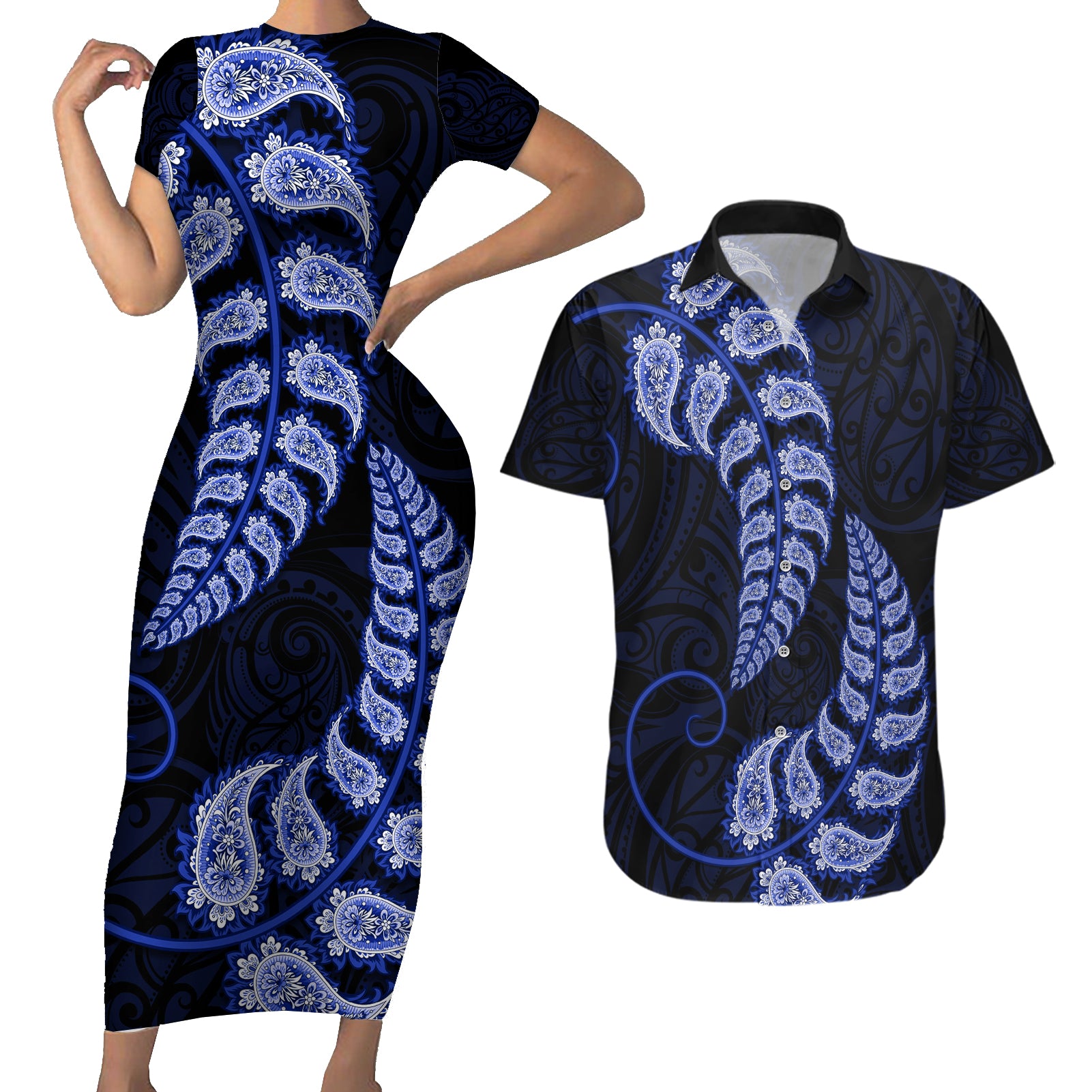 blue-new-zealand-paisley-silver-fern-couples-matching-short-sleeve-bodycon-dress-and-hawaiian-shirt-aotearoa-maori