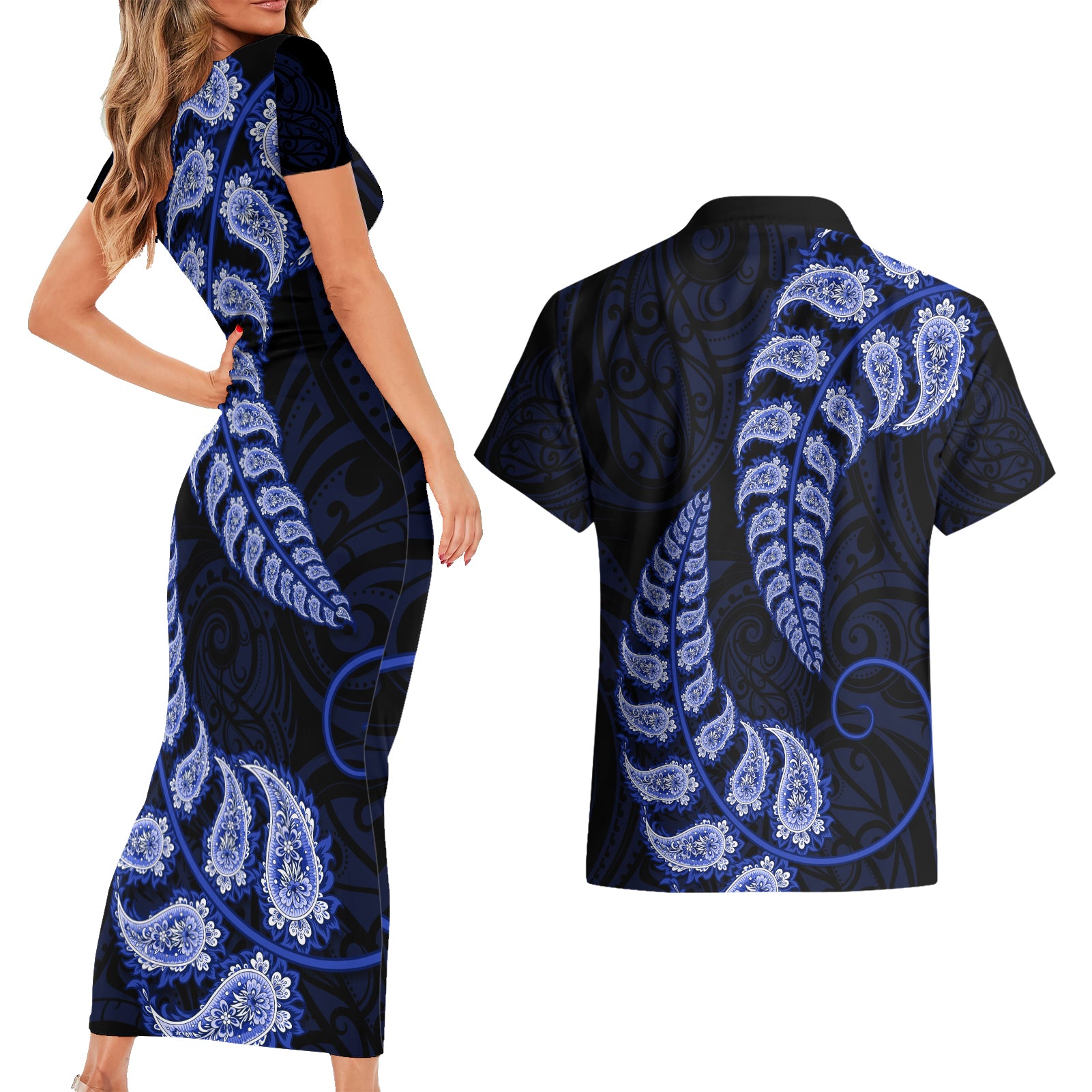 blue-new-zealand-paisley-silver-fern-couples-matching-short-sleeve-bodycon-dress-and-hawaiian-shirt-aotearoa-maori