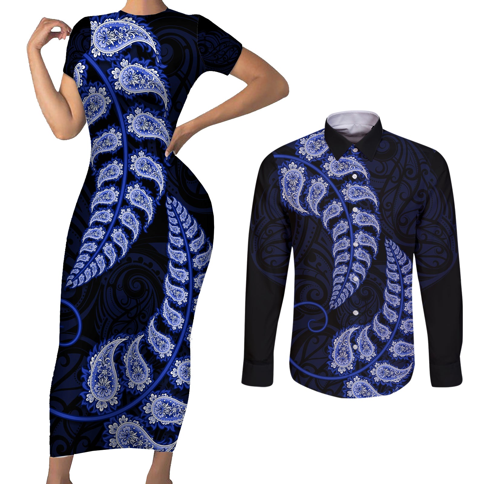 blue-new-zealand-paisley-silver-fern-couples-matching-short-sleeve-bodycon-dress-and-long-sleeve-button-shirt-aotearoa-maori