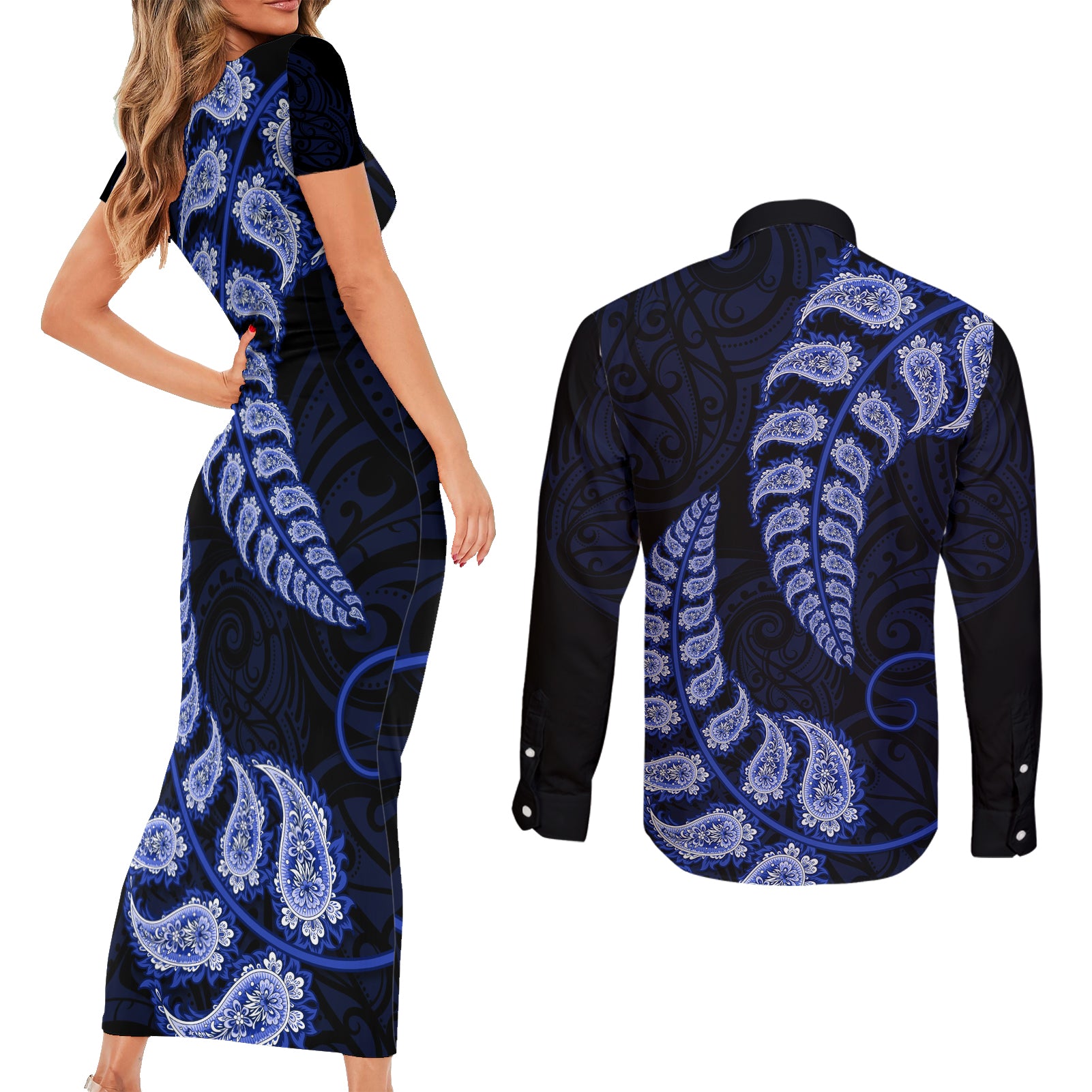 blue-new-zealand-paisley-silver-fern-couples-matching-short-sleeve-bodycon-dress-and-long-sleeve-button-shirt-aotearoa-maori