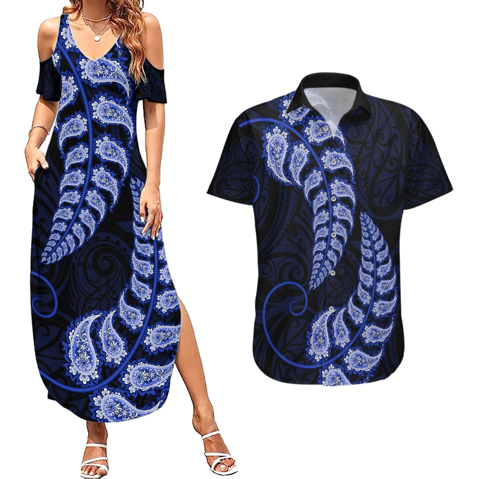 blue-new-zealand-paisley-silver-fern-couples-matching-summer-maxi-dress-and-hawaiian-shirt-aotearoa-maori