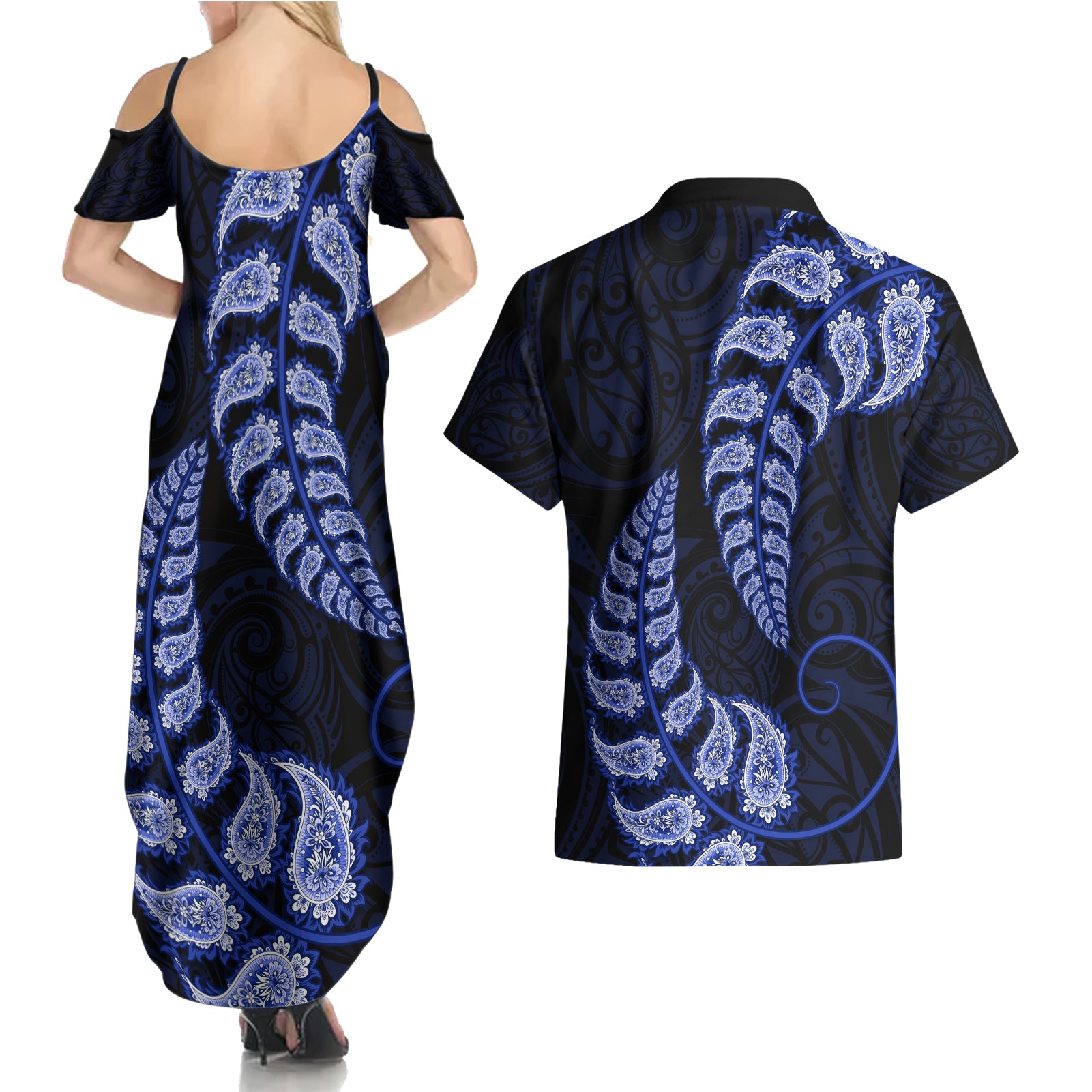 blue-new-zealand-paisley-silver-fern-couples-matching-summer-maxi-dress-and-hawaiian-shirt-aotearoa-maori