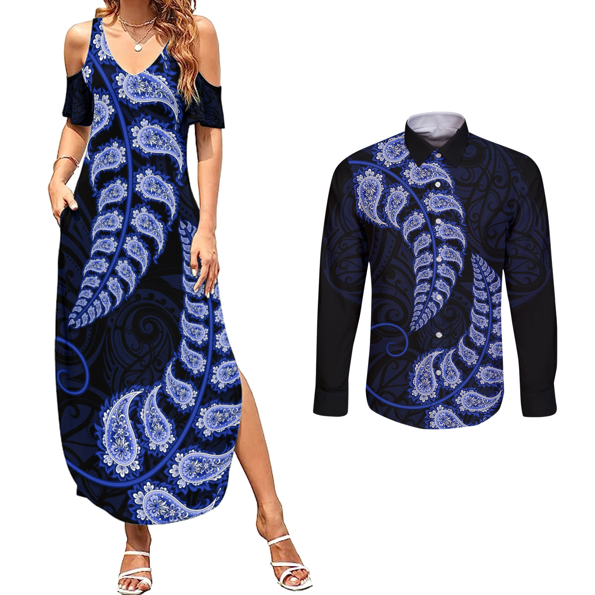 blue-new-zealand-paisley-silver-fern-couples-matching-summer-maxi-dress-and-long-sleeve-button-shirt-aotearoa-maori