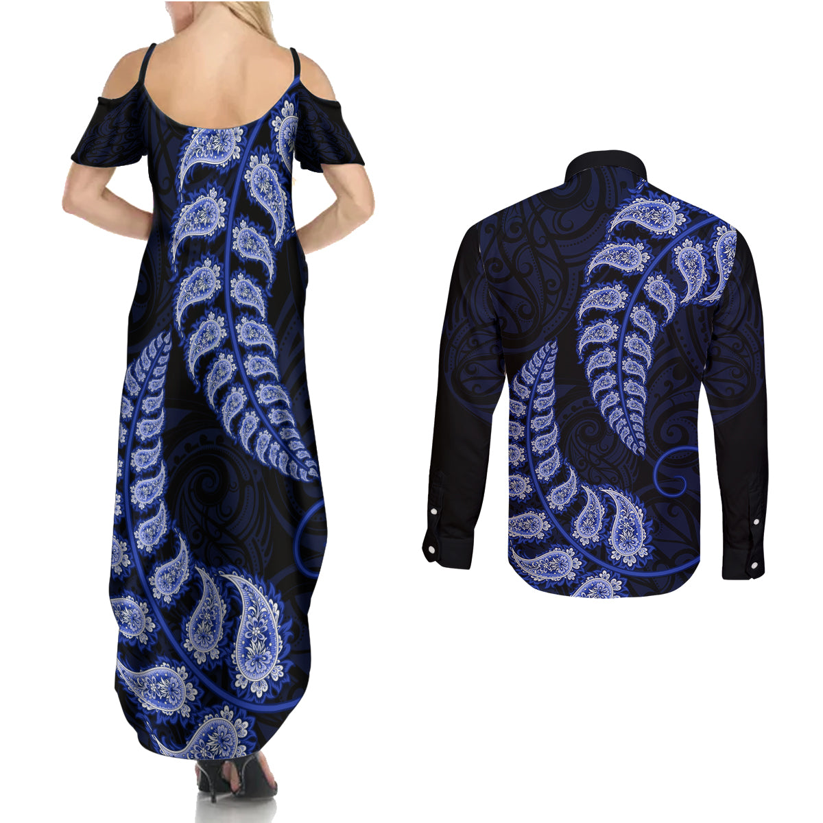 blue-new-zealand-paisley-silver-fern-couples-matching-summer-maxi-dress-and-long-sleeve-button-shirt-aotearoa-maori