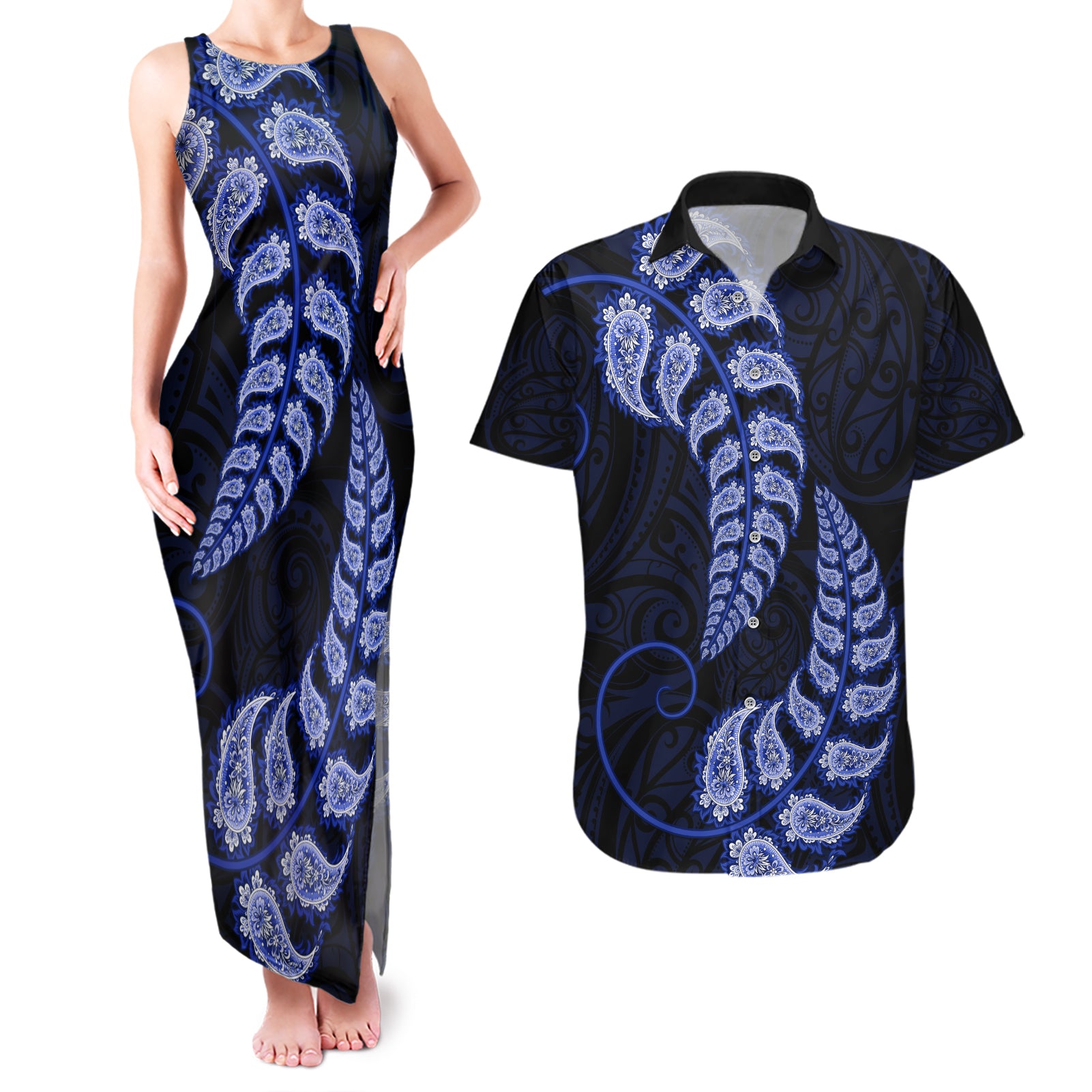 blue-new-zealand-paisley-silver-fern-couples-matching-tank-maxi-dress-and-hawaiian-shirt-aotearoa-maori