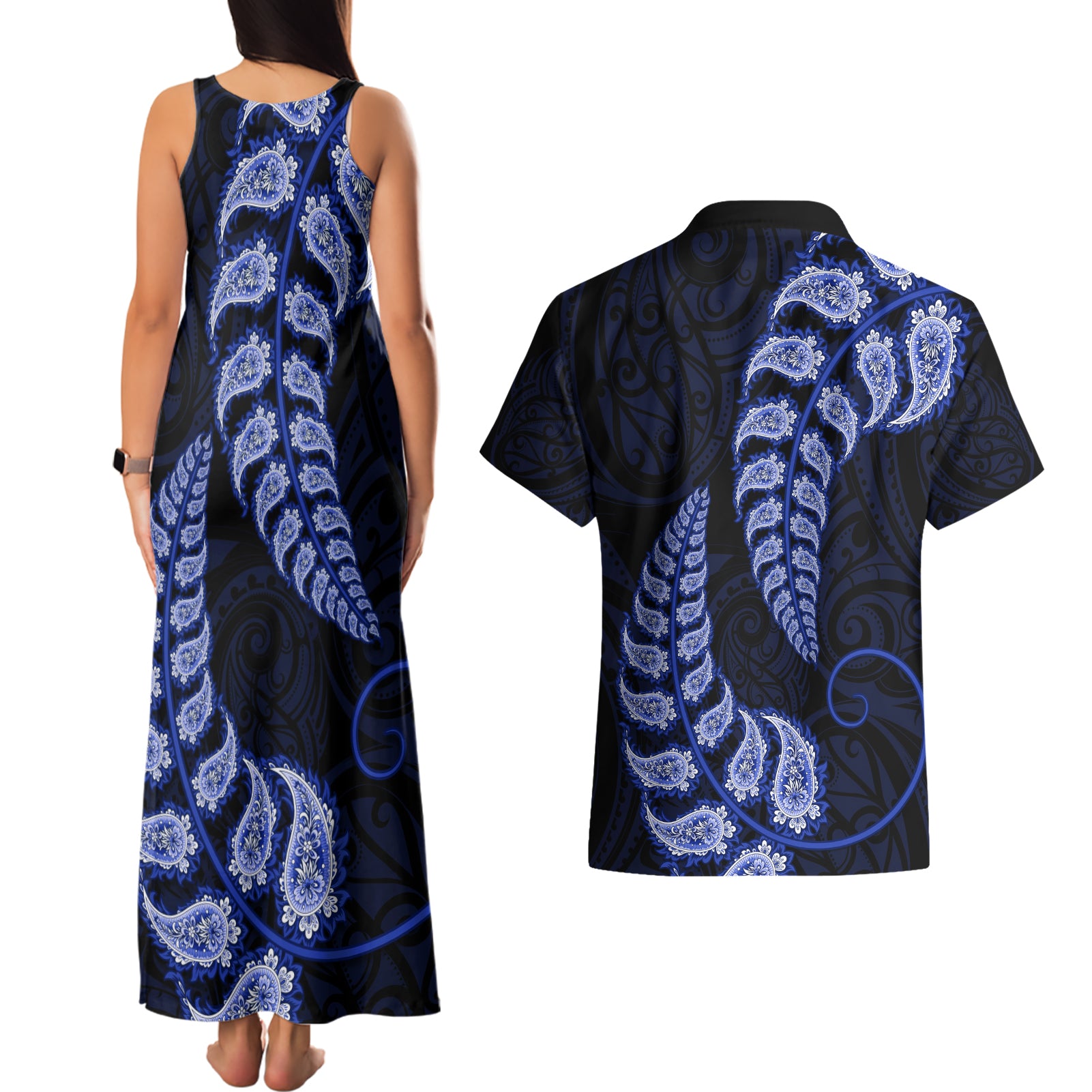 blue-new-zealand-paisley-silver-fern-couples-matching-tank-maxi-dress-and-hawaiian-shirt-aotearoa-maori