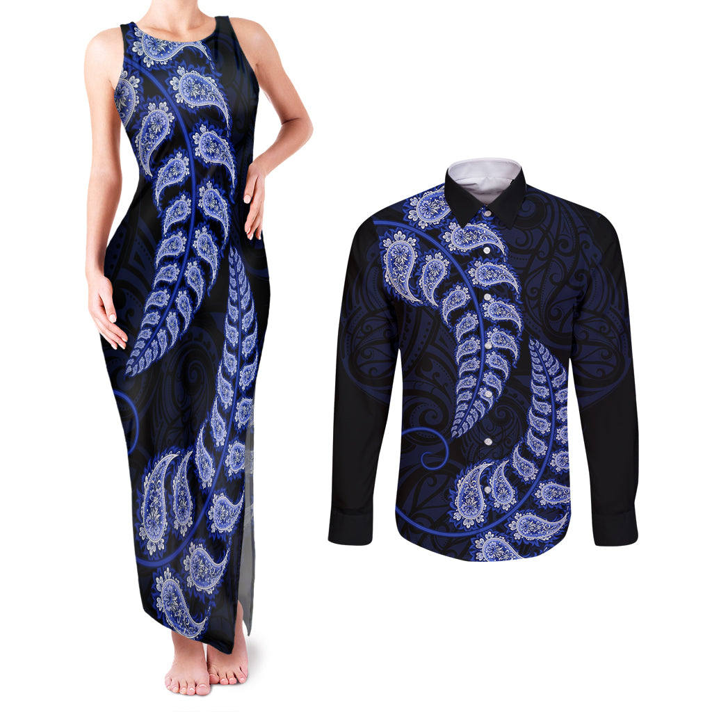 blue-new-zealand-paisley-silver-fern-couples-matching-tank-maxi-dress-and-long-sleeve-button-shirt-aotearoa-maori